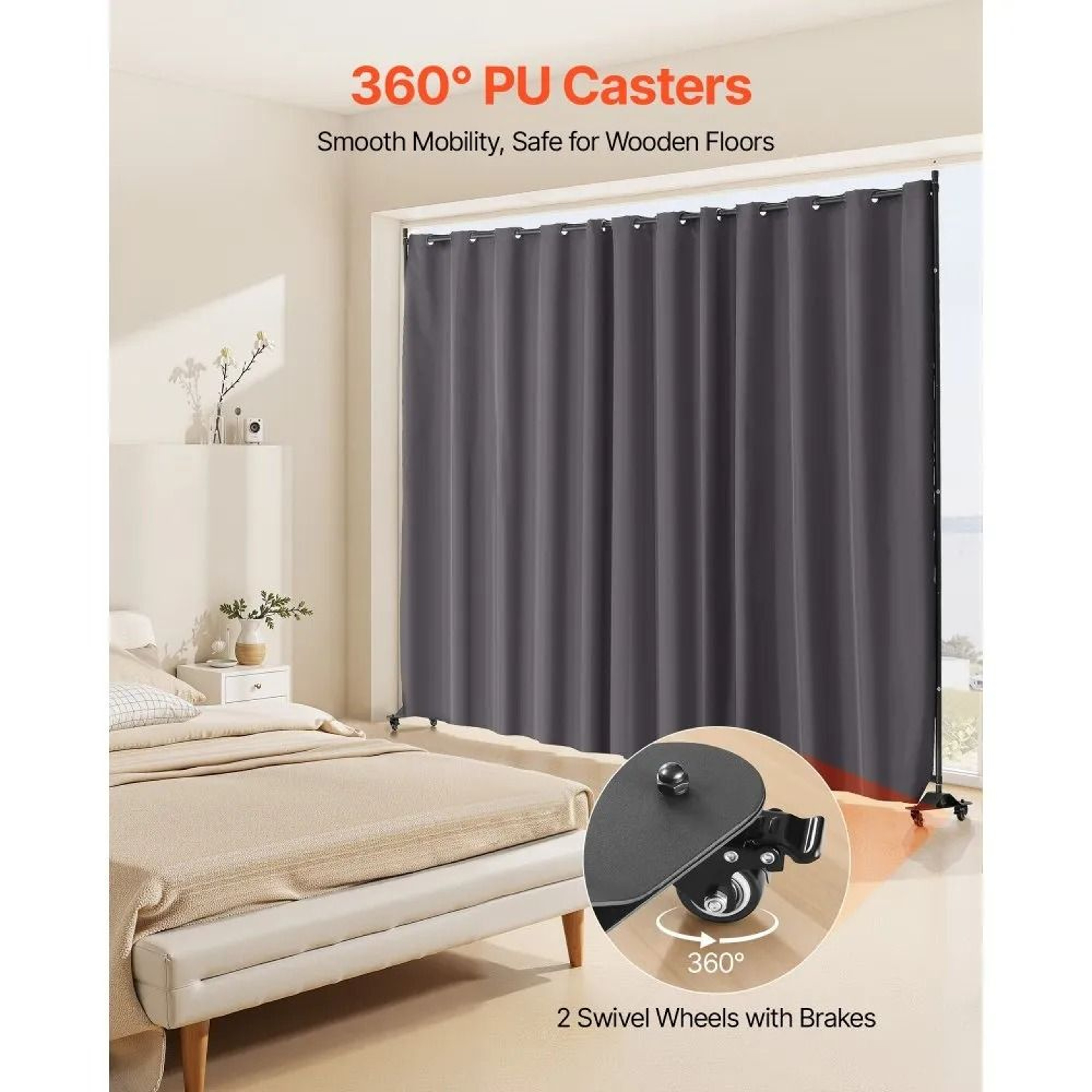 Portable Room Divider With Wheels And Privacy Curtain Panel Gray 4