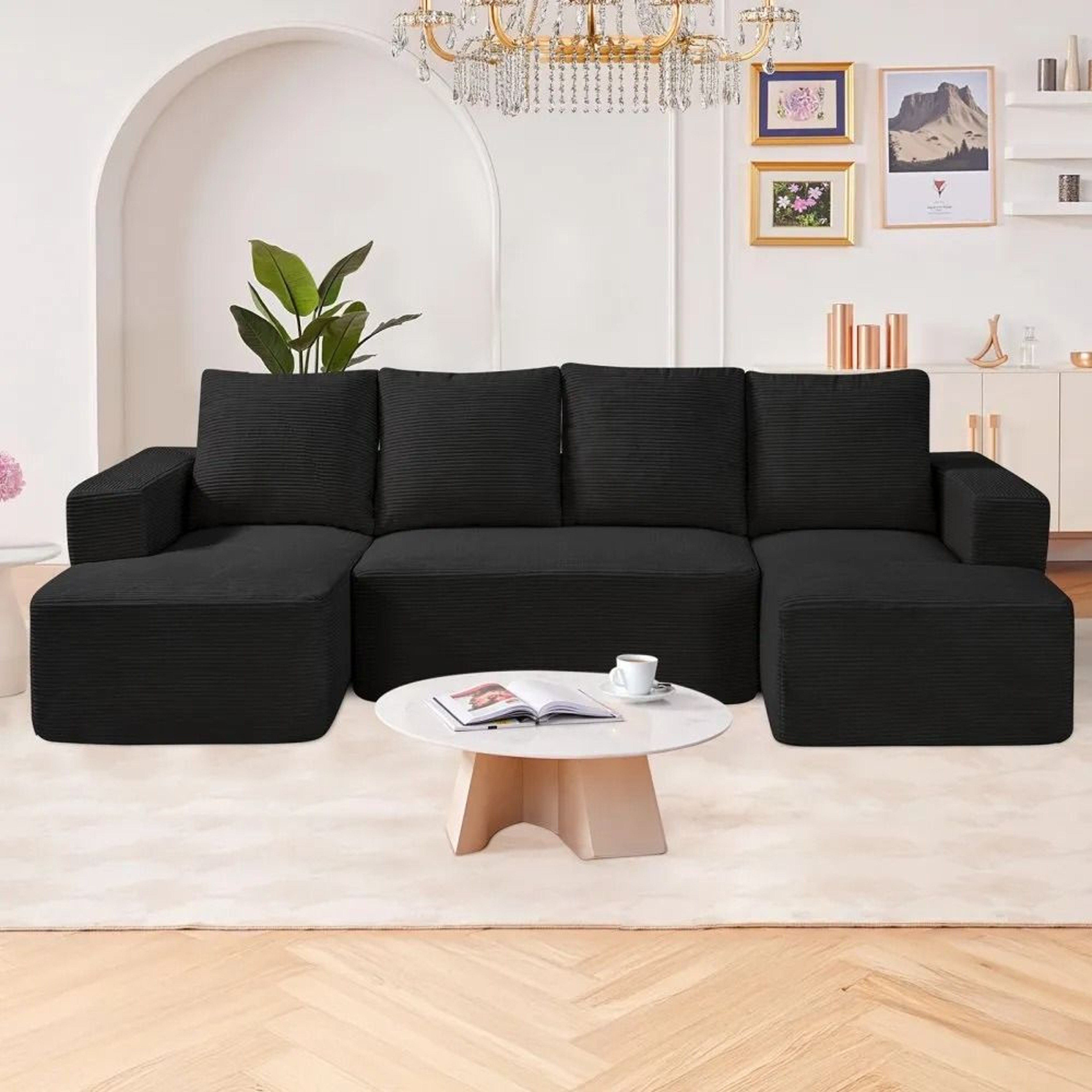 U Shaped Modular Sectional Sofa With Chaise And Black Corduroy Upholstery 6