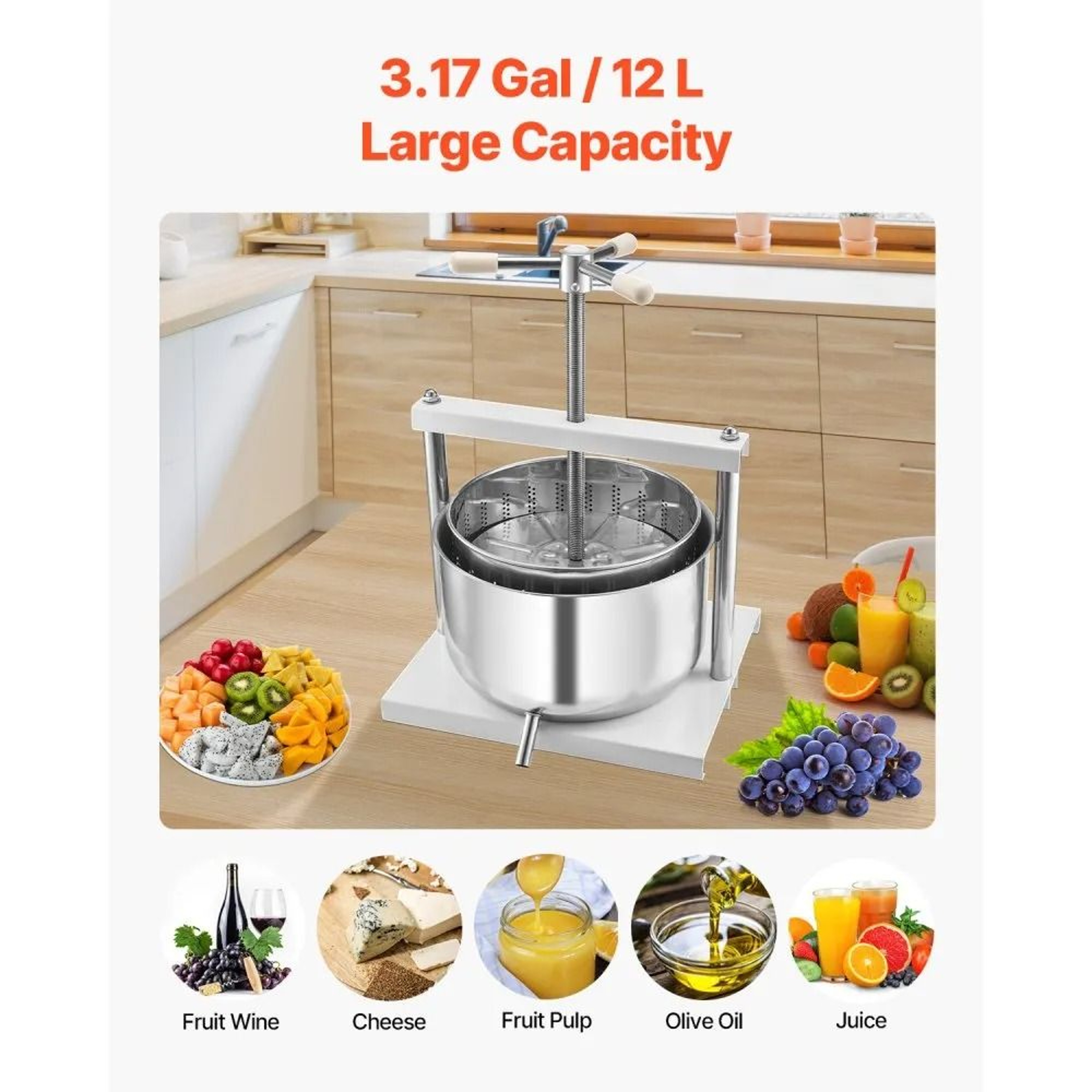 317 Gallon Stainless Steel Fruit Wine Press With Manual Handle And Dual Barrels 3