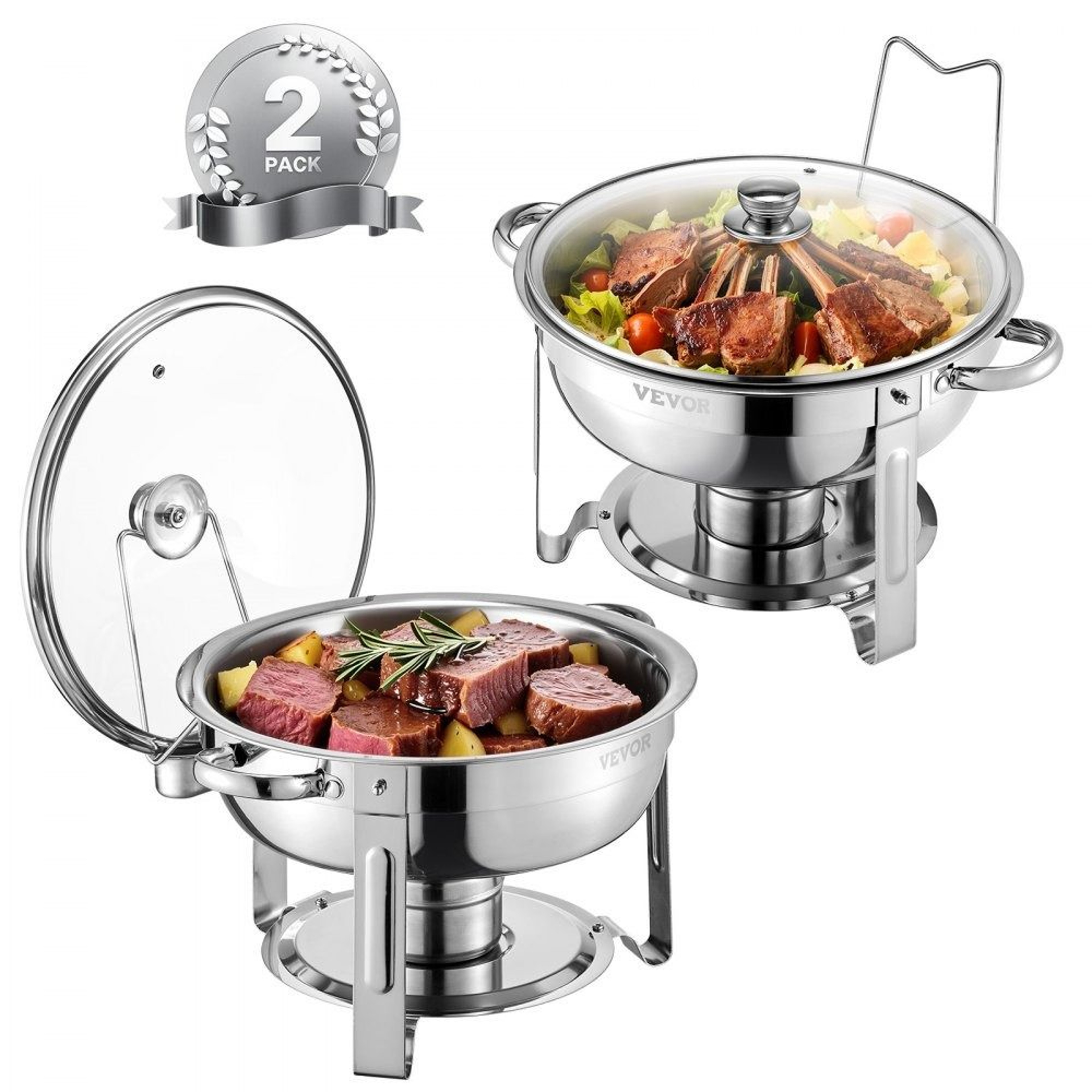 5 Qt Stainless Steel Chafing Dish Buffet Set With Glass Lids And Folding Stands 2 Pack 0