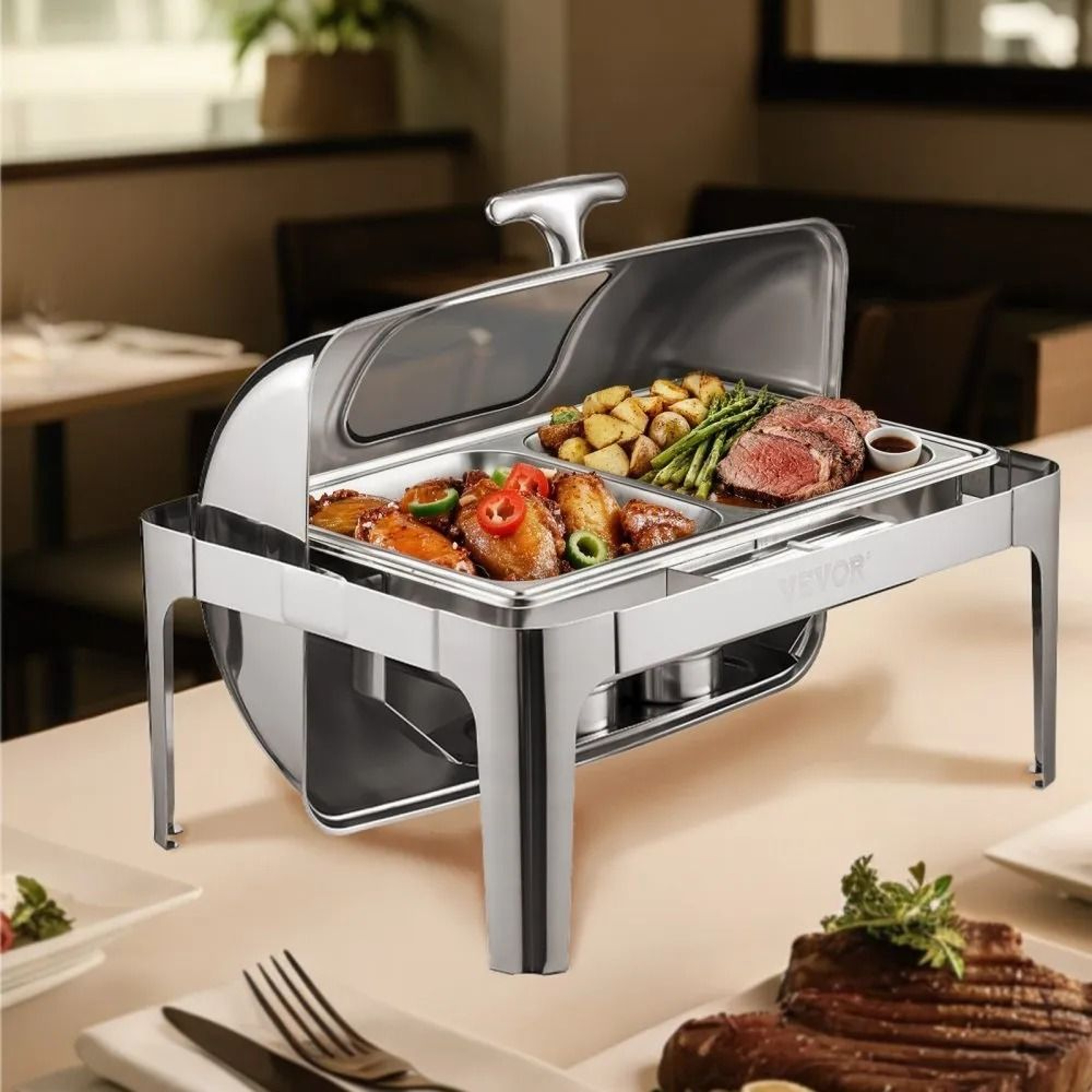 Stainless Steel Roll Top Chafing Dish Buffet Warmer With 2 HalfSize Food Pans 0