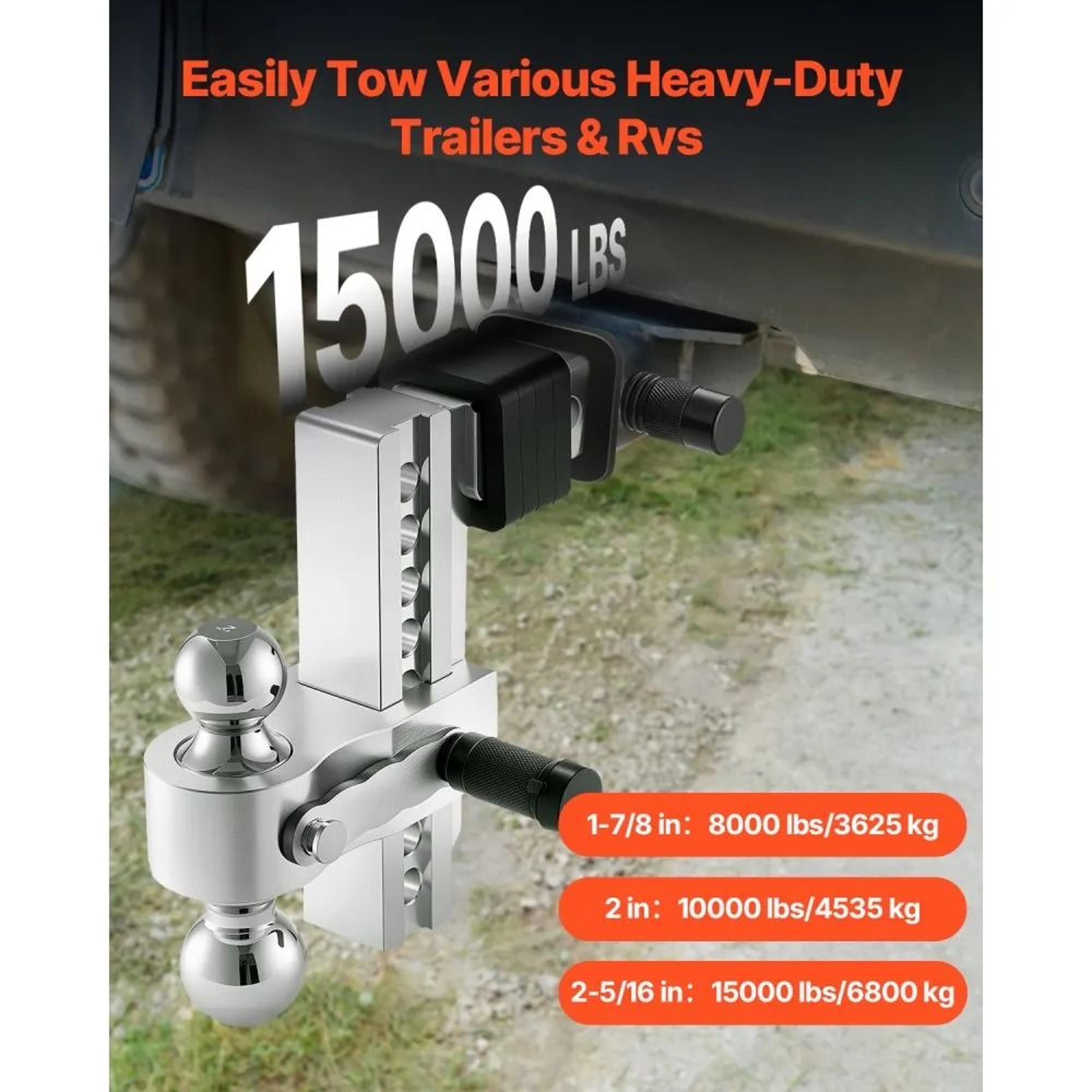 Adjustable Trailer Hitch With 8Inch Drop And TriBall Mount For 2Inch Receiver 4