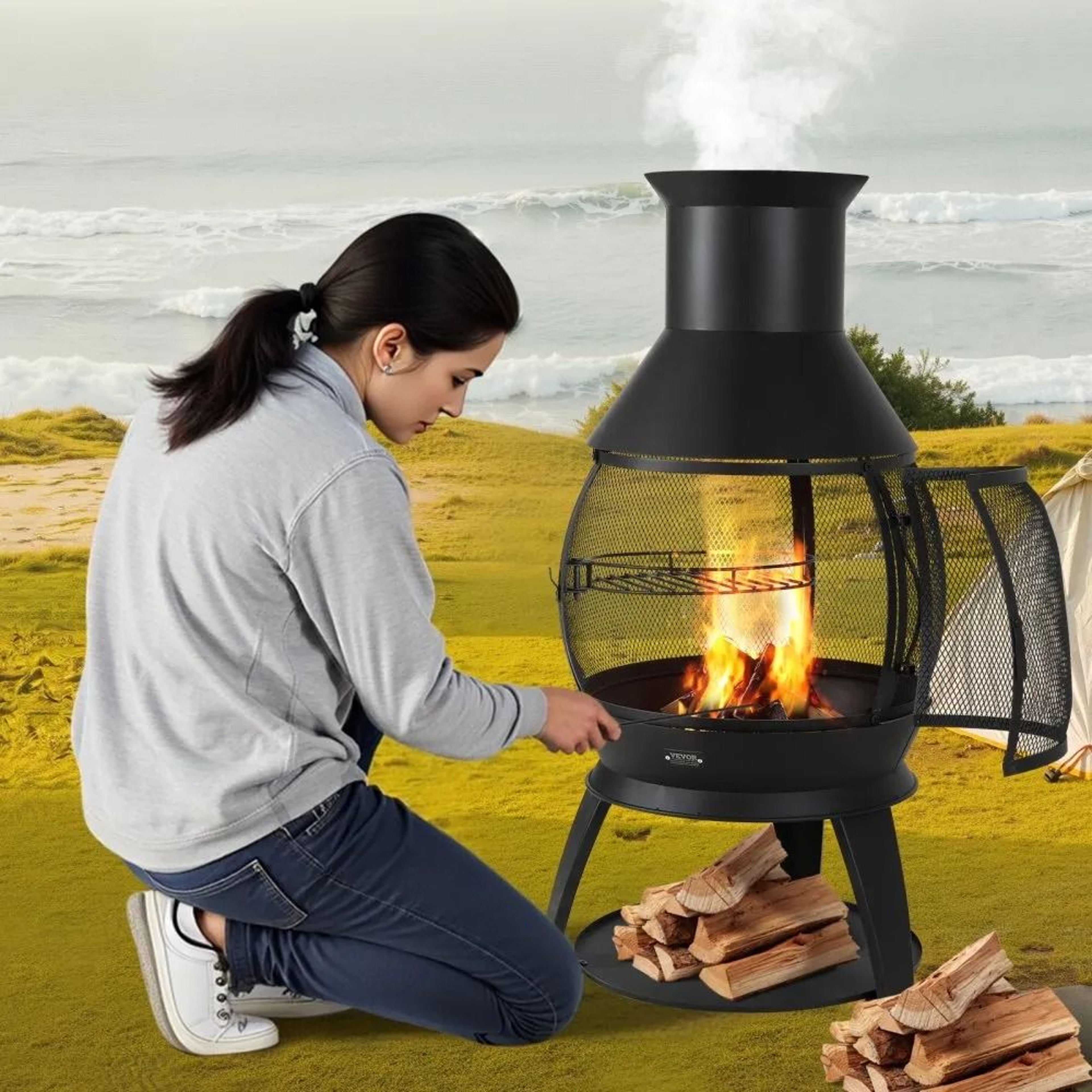 22 Inch Outdoor Wood Burning Chiminea Fire Pit With BBQ Grill And Protective Cover 6