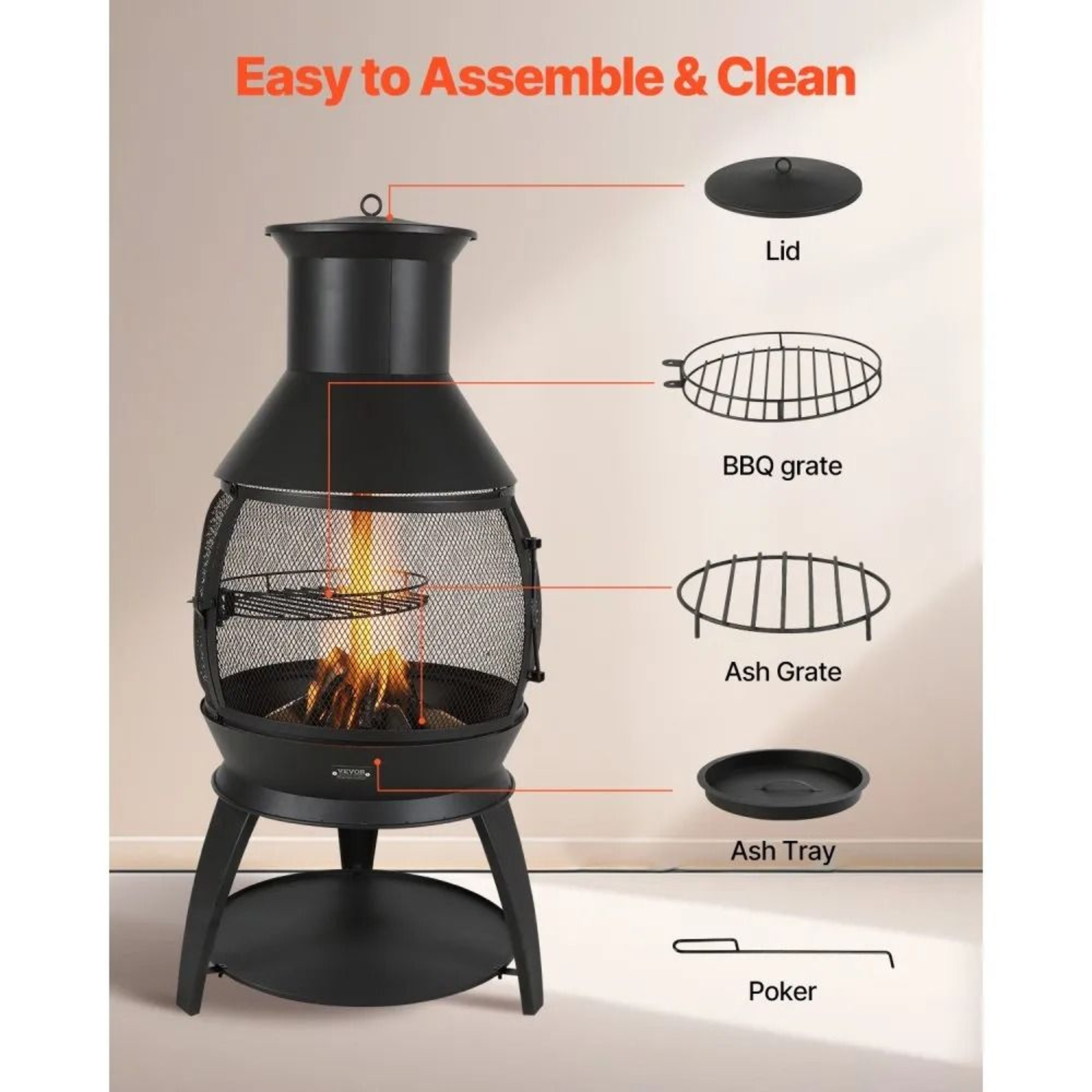 22 Inch Outdoor Wood Burning Chiminea Fire Pit With BBQ Grill And Protective Cover 5