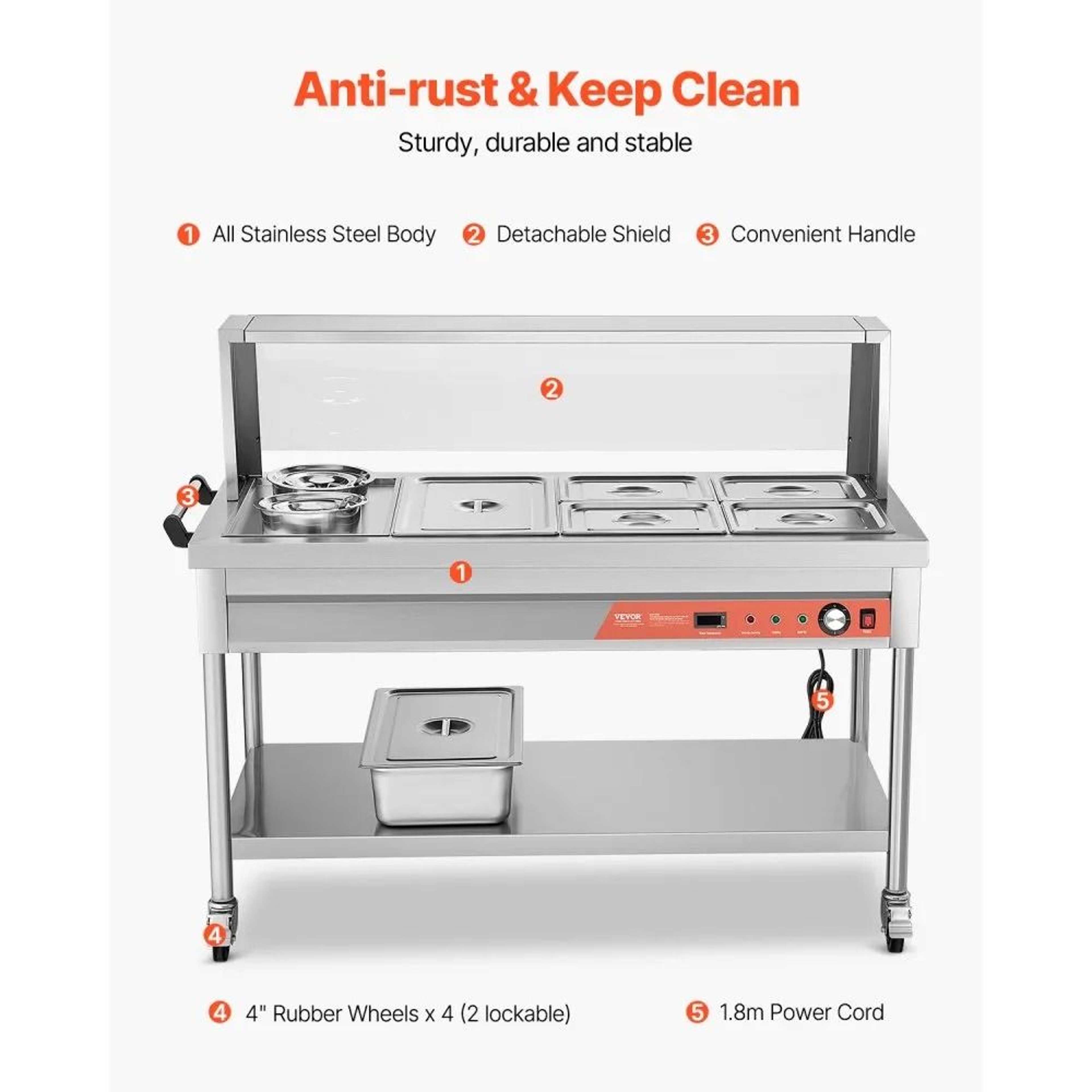 Commercial Electric Food Warmer 1800W Stainless Steel Steam Table With 5 Pans And 2 Pots 3