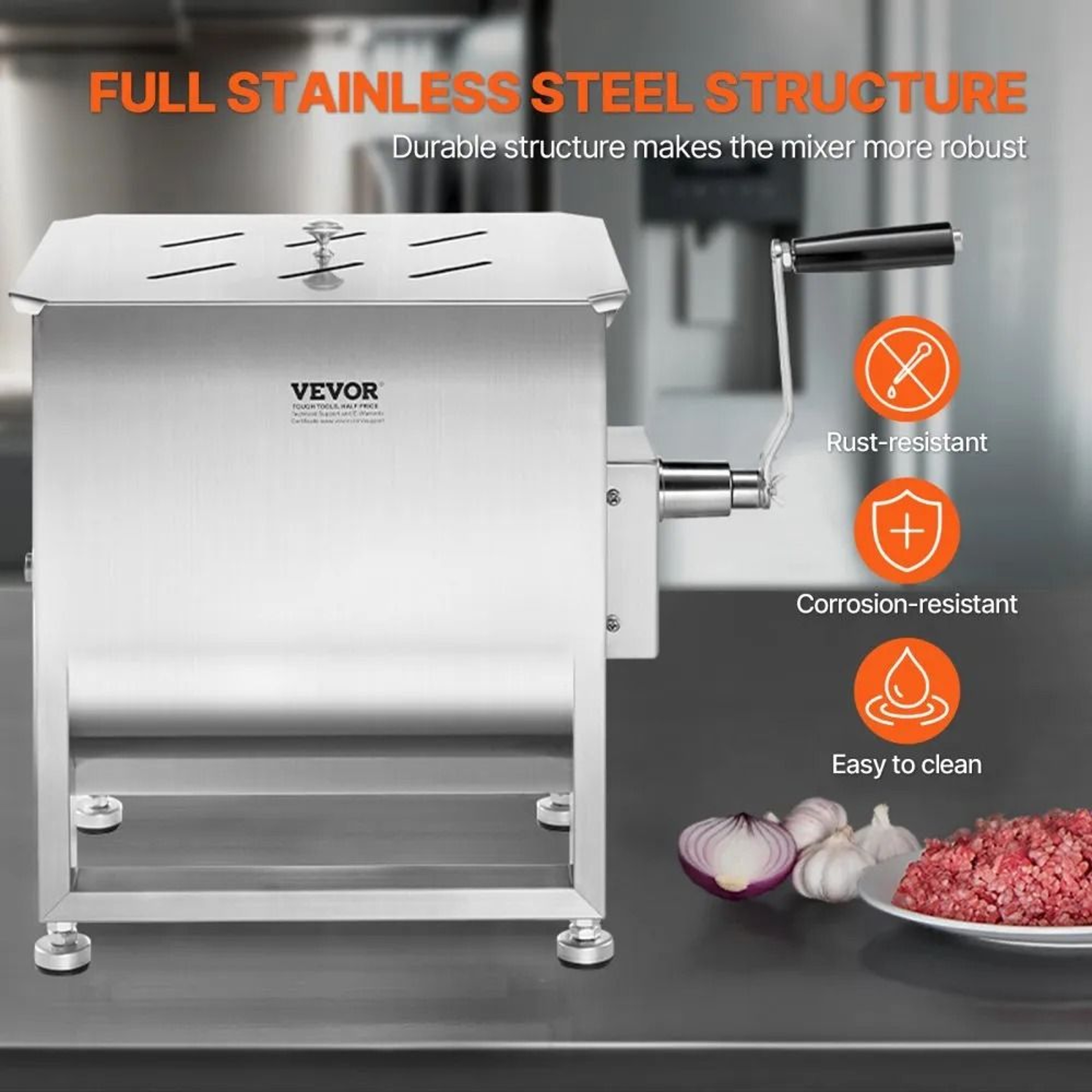 30L Stainless Steel Manual Meat Mixer With Gearbox And Adjustable Feet 3
