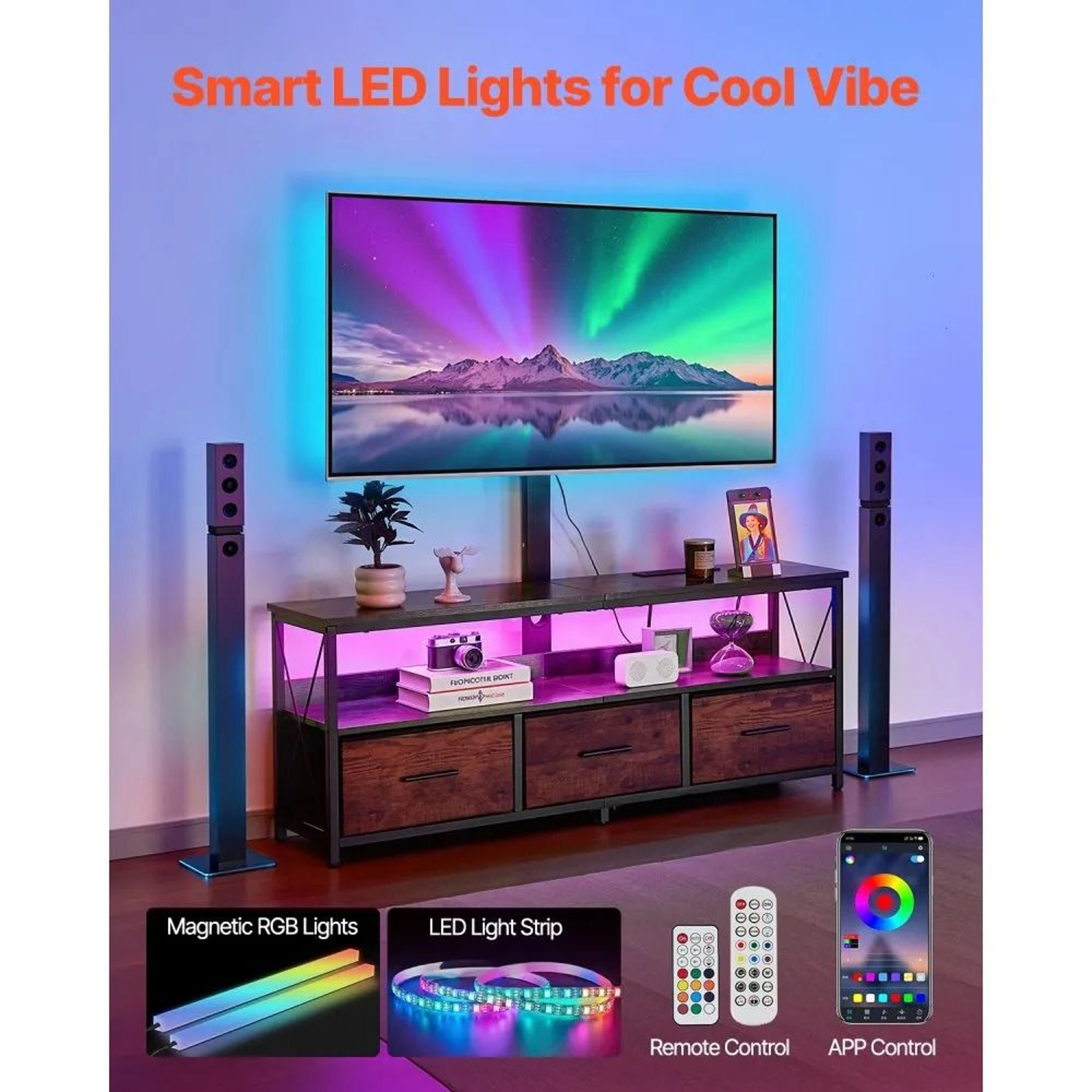 52Inch TV Stand With Mount For 3275 Inch TVs With LED Lights And Power Outlets 1