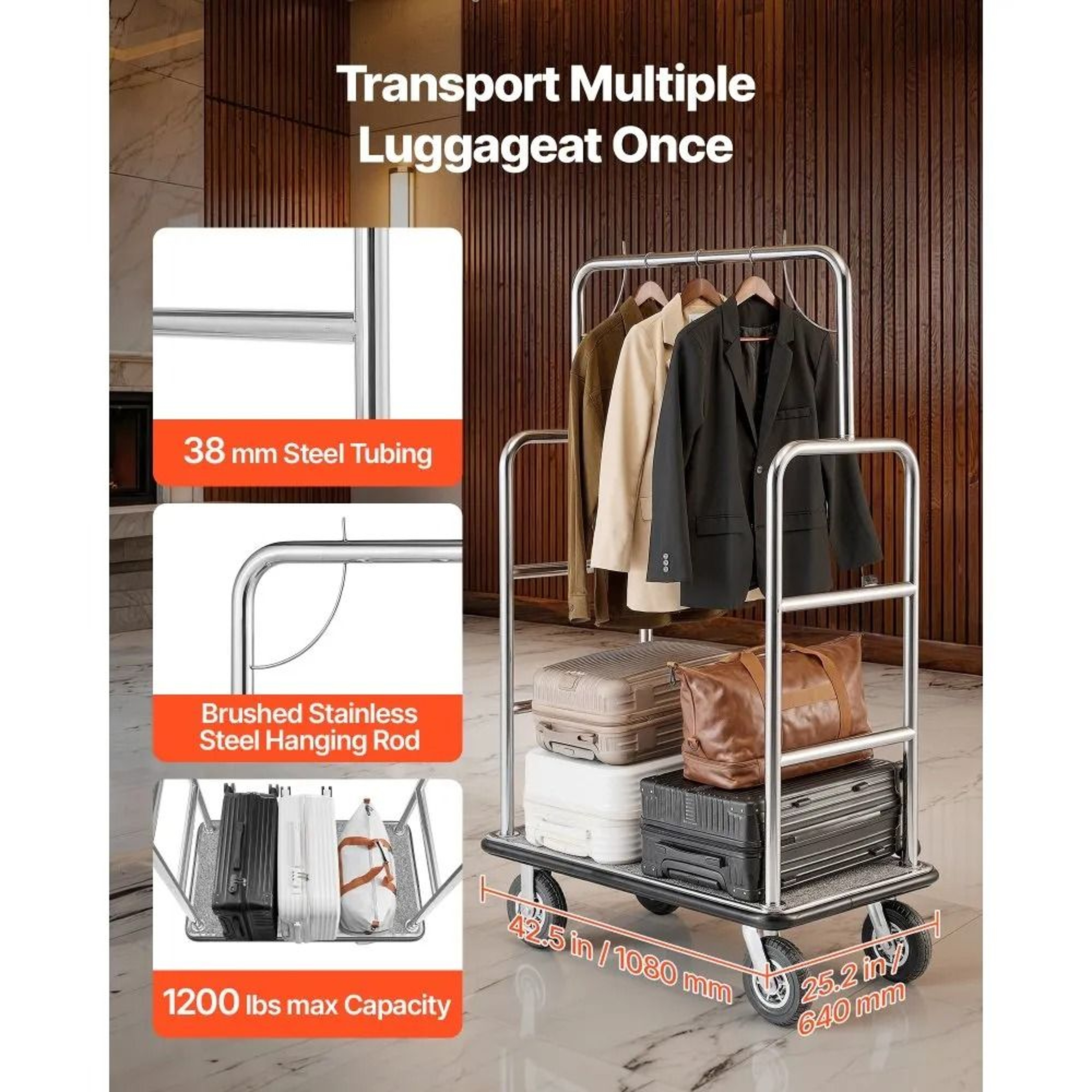 Hotel Luggage Cart With 1200 Lb Capacity And Stainless Steel Frame 5