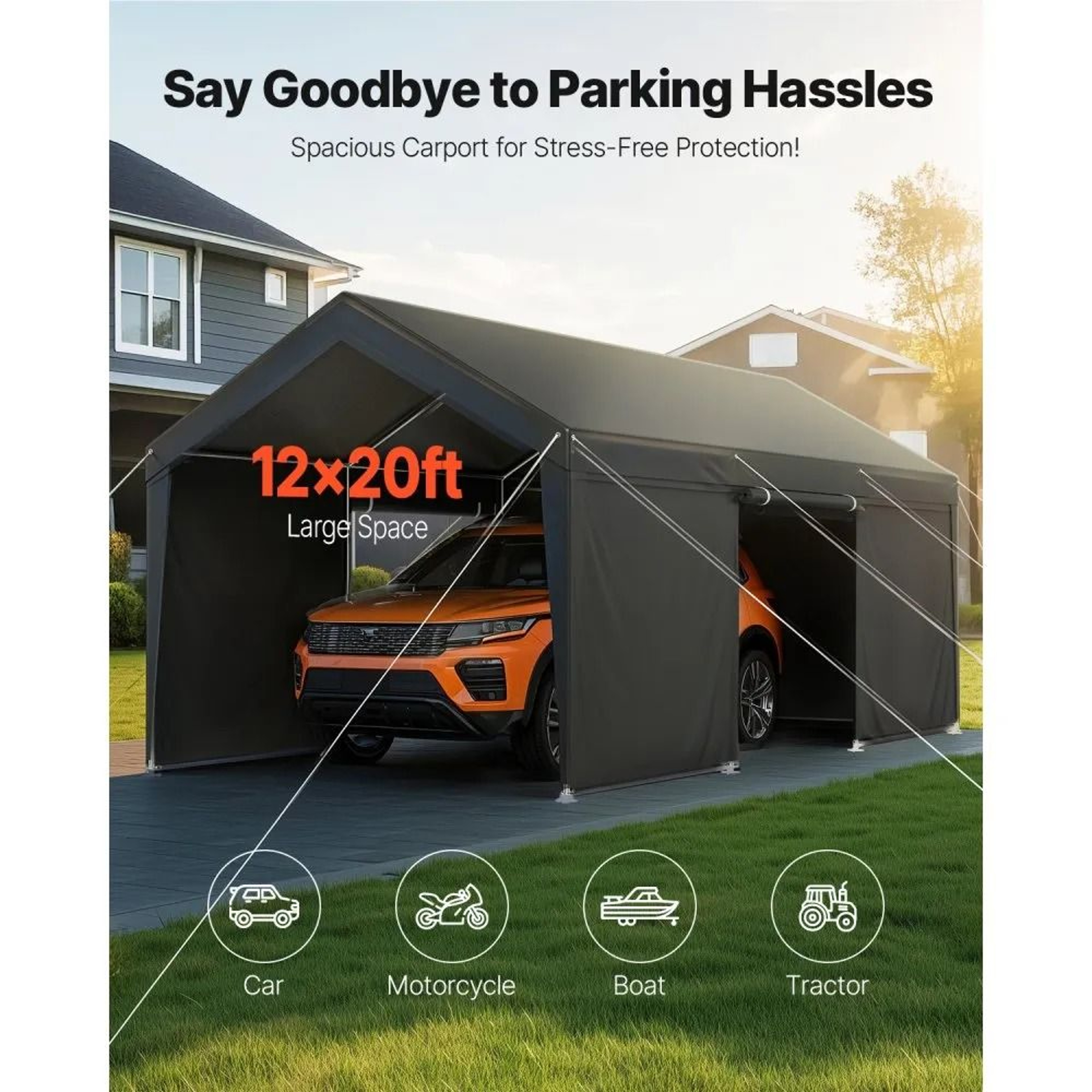 12 X 20 FT Heavy Duty Carport Canopy With Removable Sidewalls And Zipper Door 1