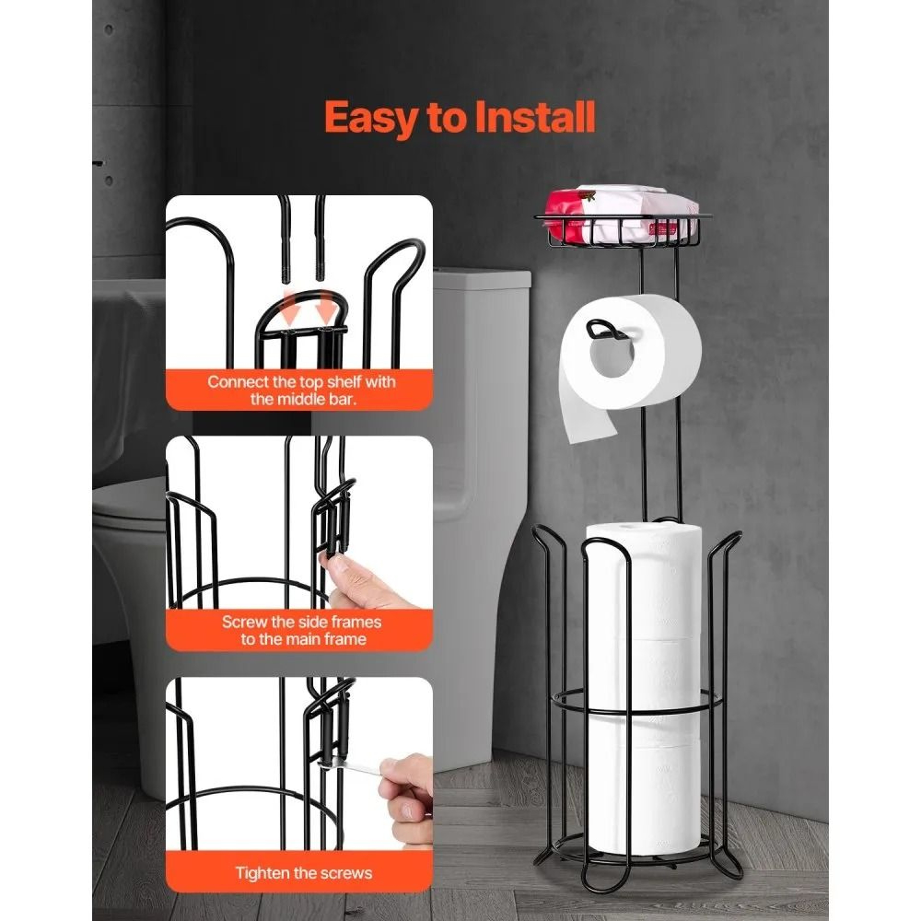 Freestanding Toilet Paper Holder With Shelf And 4Roll Storage Matte Black 2