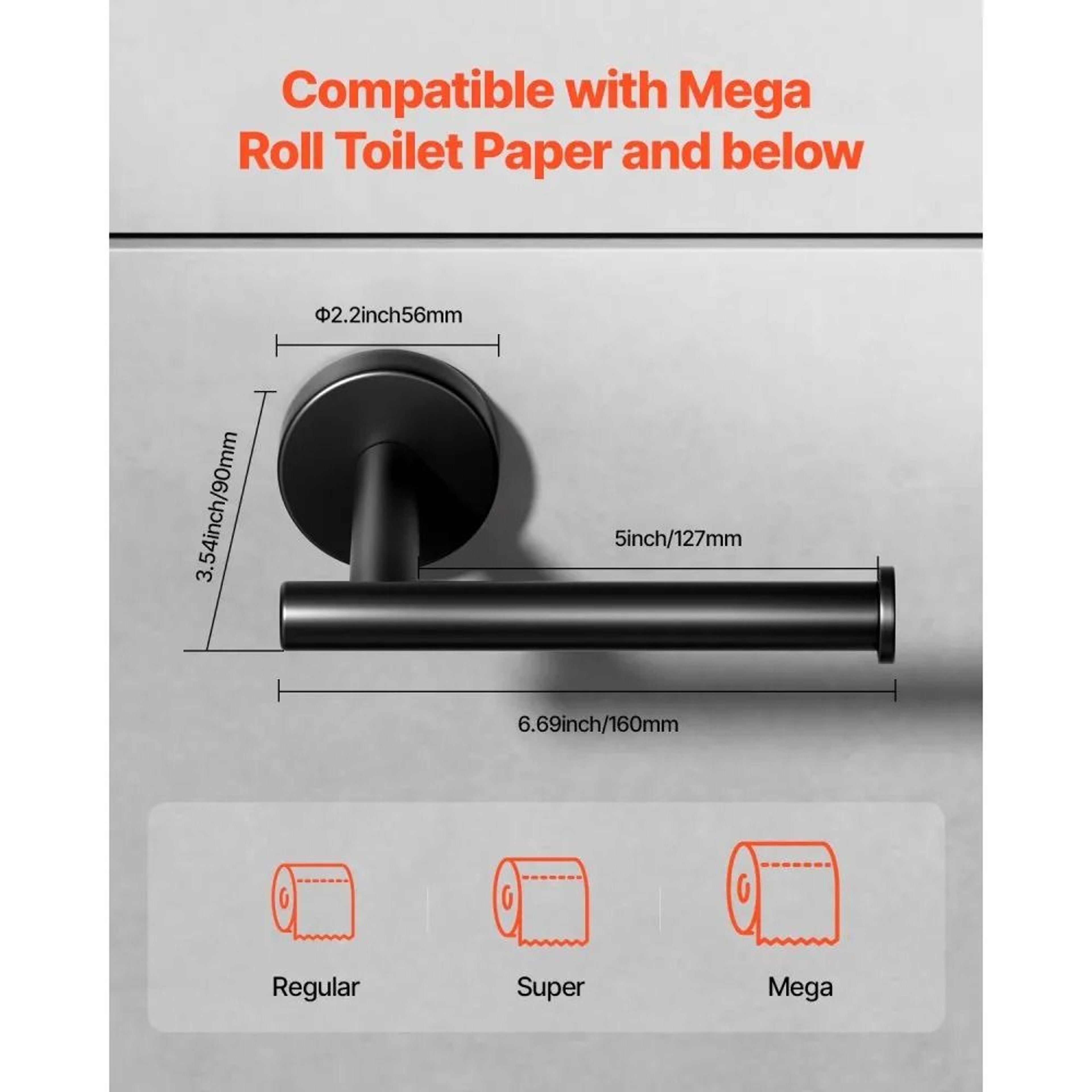 Wall Mounted Toilet Paper Holder For Mega Rolls In Matte Black Stainless Steel 3