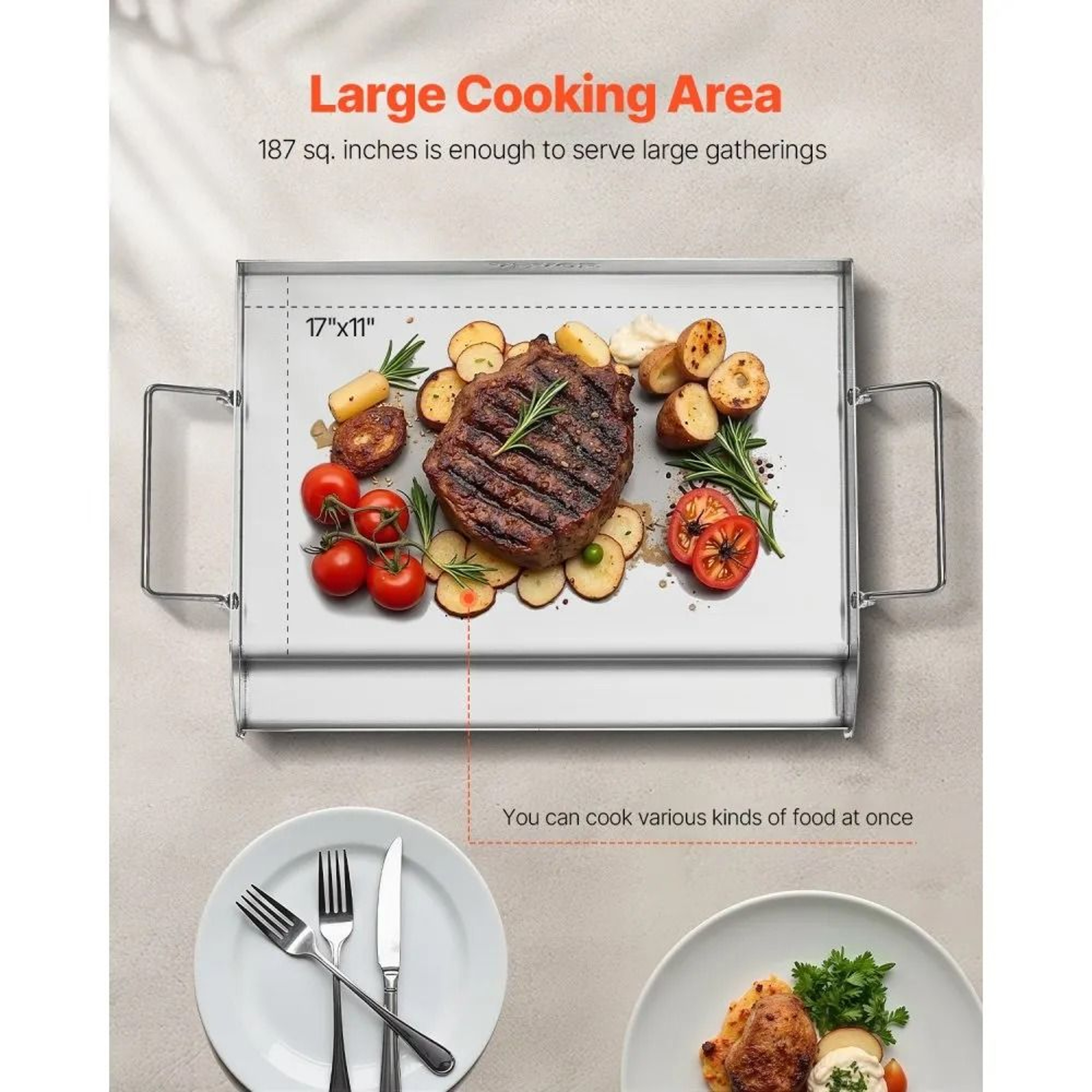 Stainless Steel Griddle 17 X 13 Inch Flat Top Grill Plate With Removable Handles 2