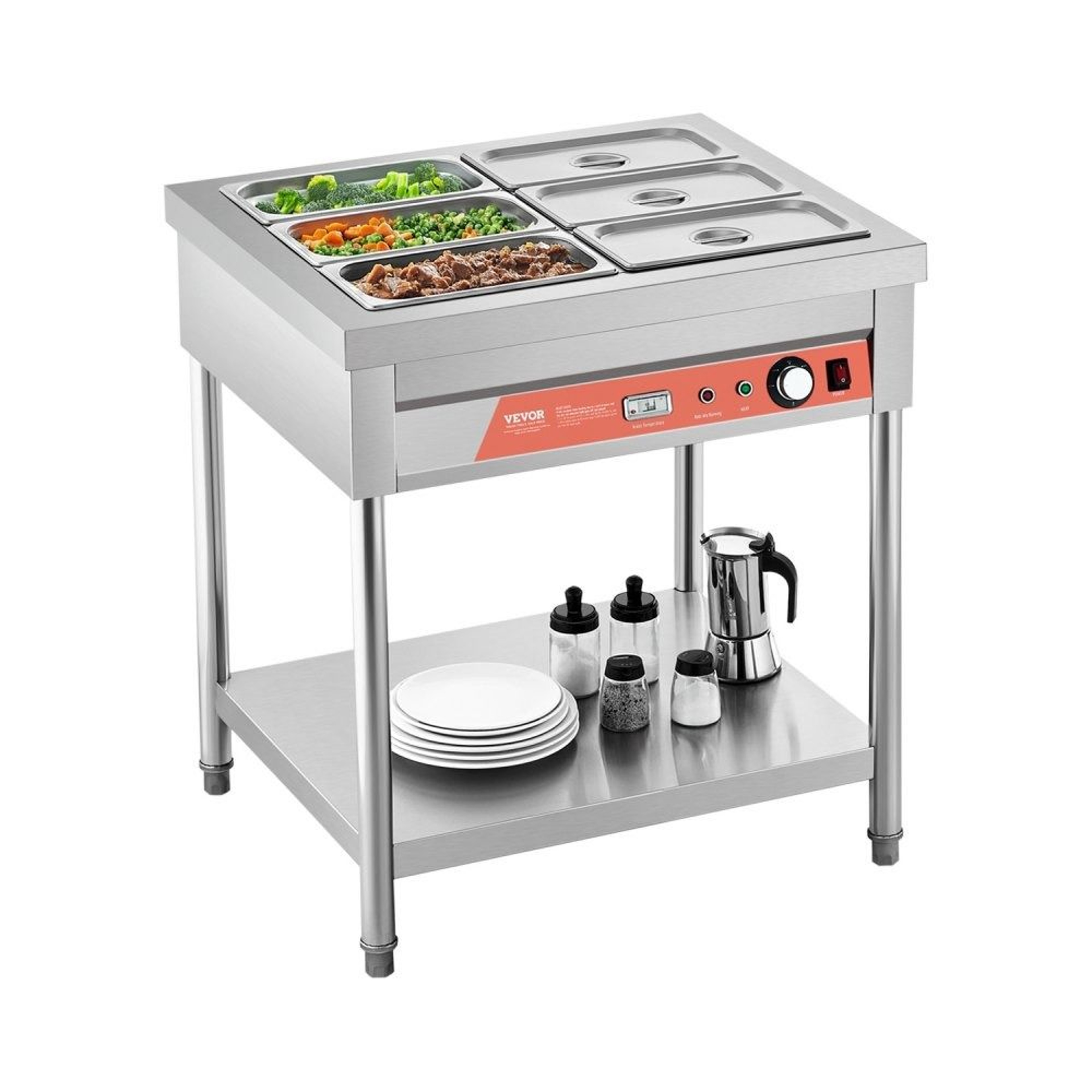 6Pan Commercial Electric Food Warmer 1500W Stainless Steel Steam Table With Undershelf 0