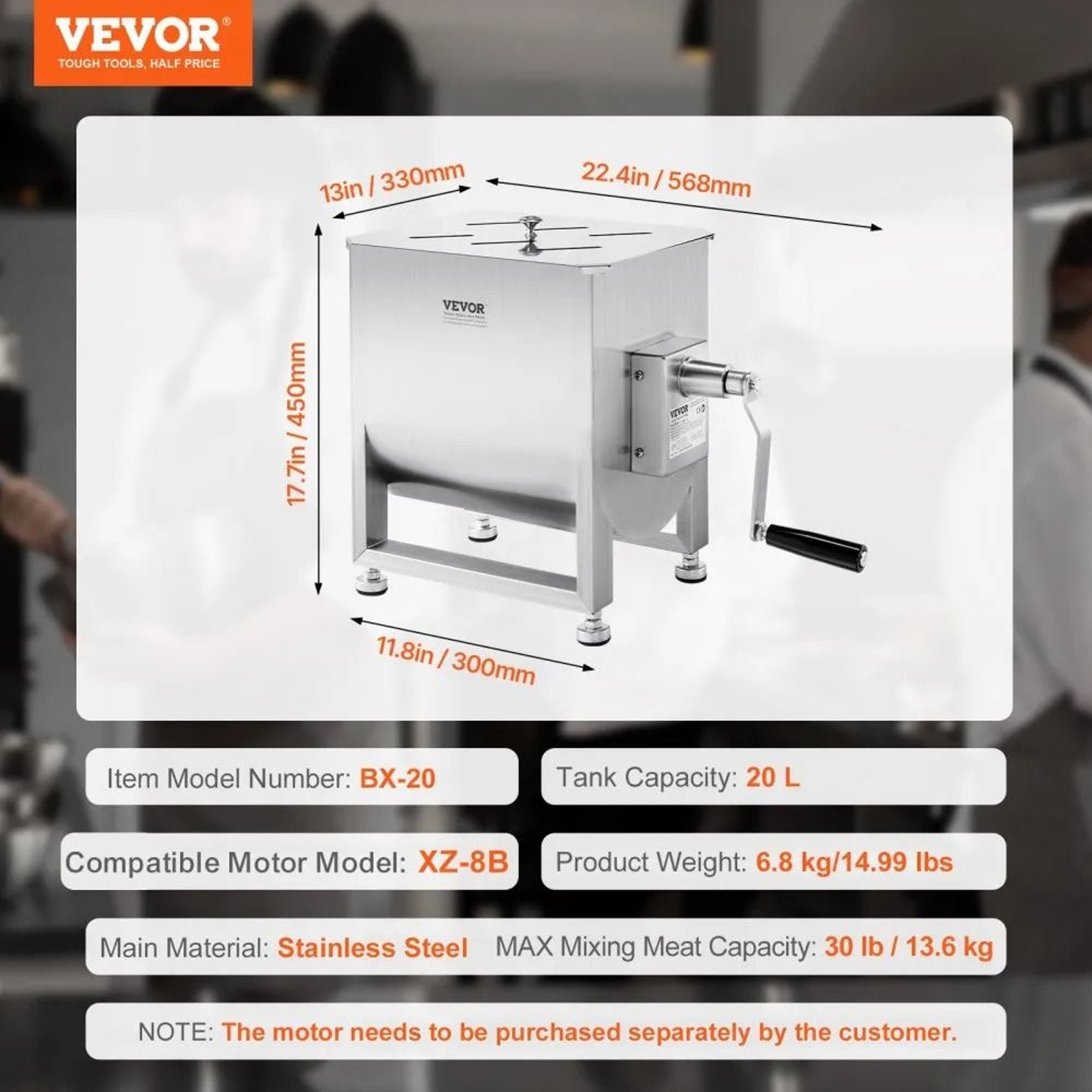 Manual Meat Mixer With 20L Stainless Steel Tank And 30 Lb Mixing Capacity 6