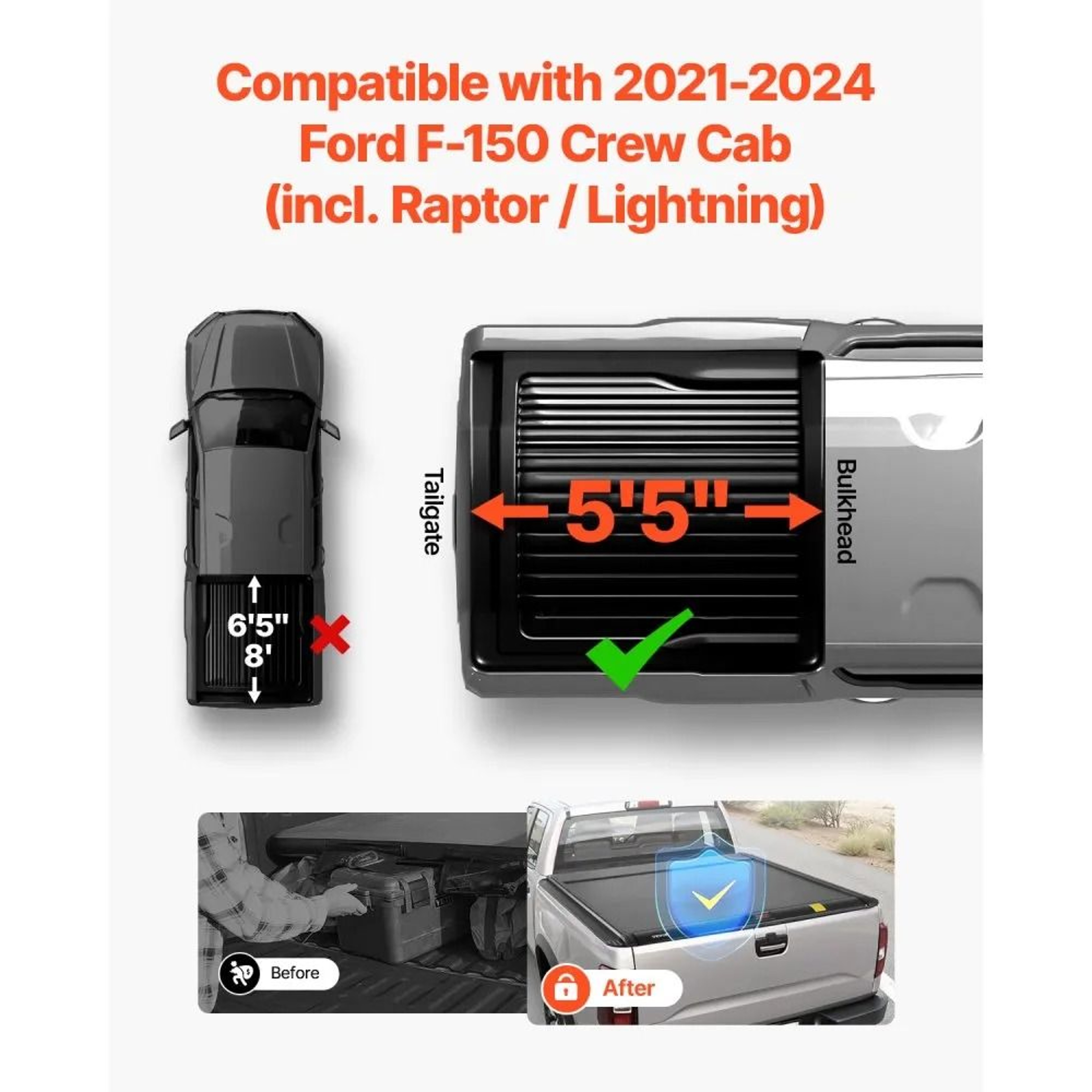 Hard Retractable Tonneau Cover For 20212024 Ford F150 With Lock And TSlot Rails 2