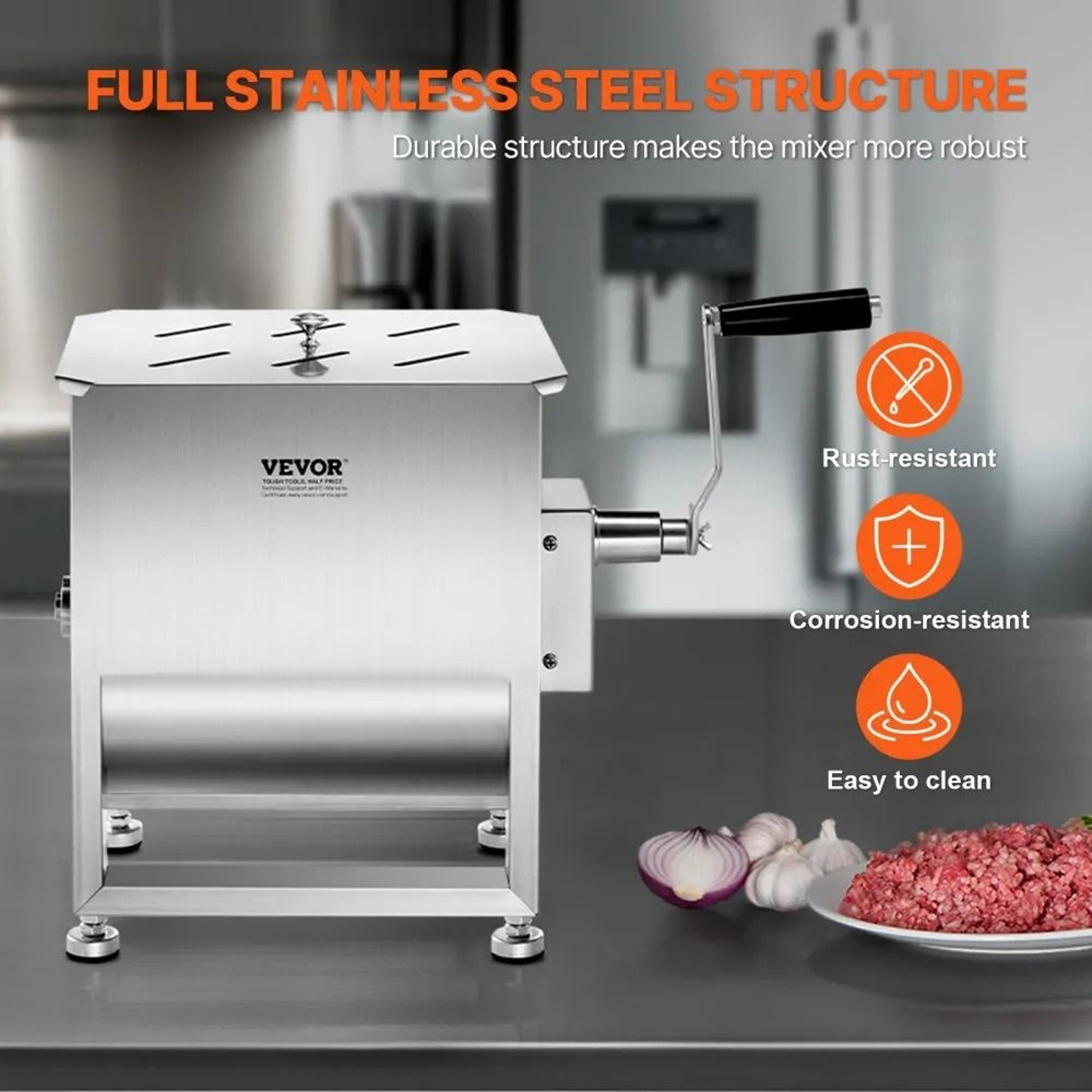 60L Manual Meat Mixer With Stainless Steel Tank And Gearbox Handle 3