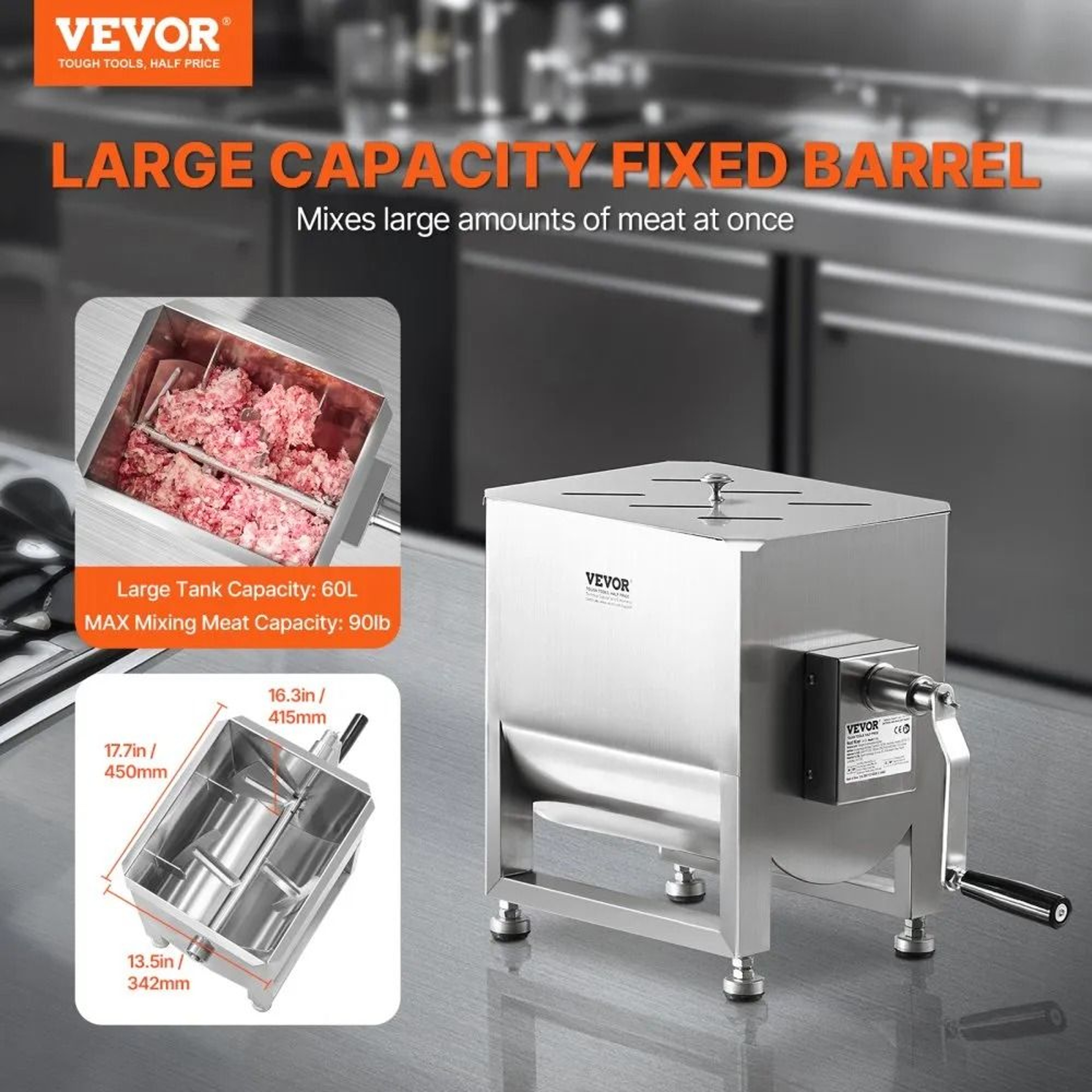 60L Manual Meat Mixer With Stainless Steel Tank And Gearbox Handle 1