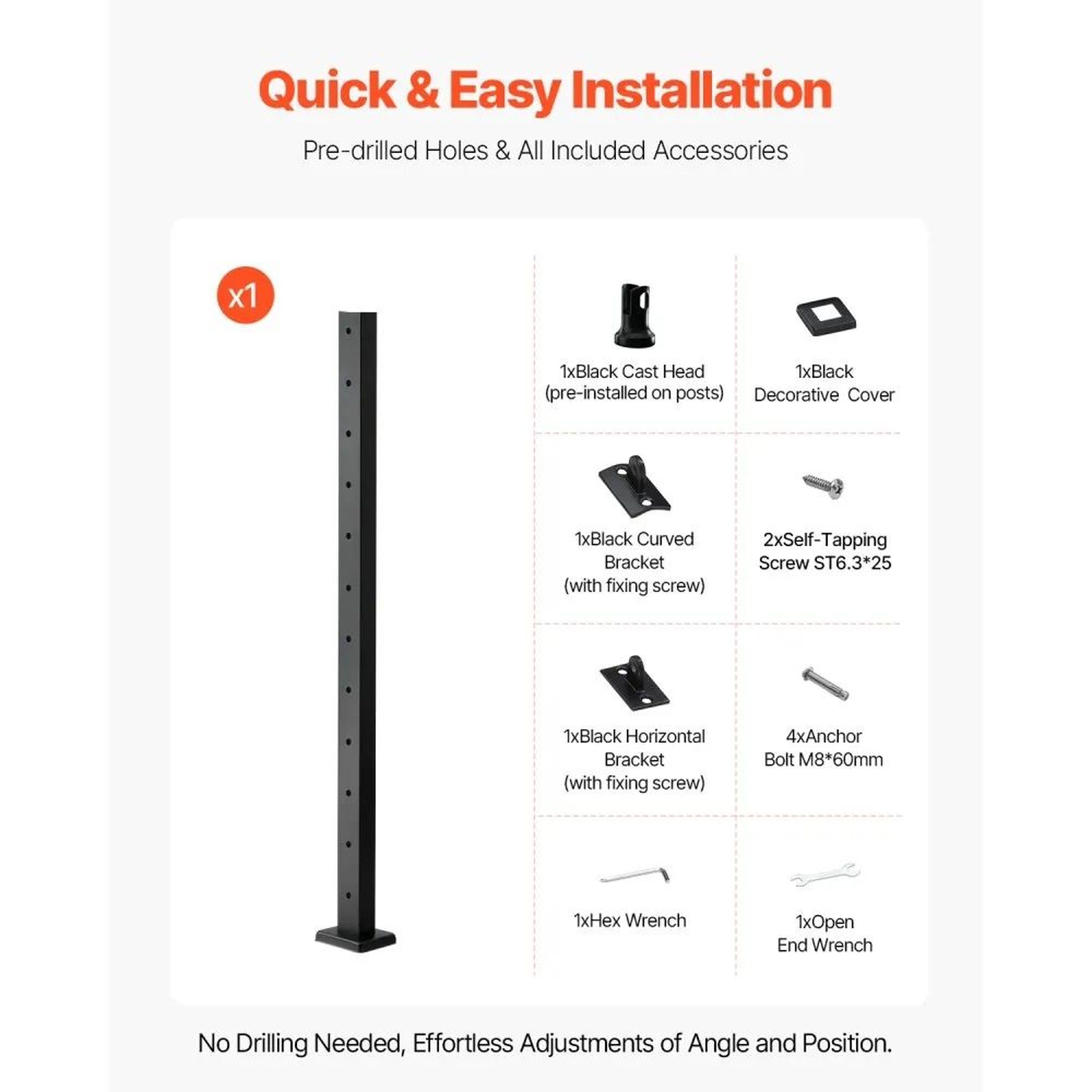 42Inch Black Stainless Steel Cable Railing Post With PreDrilled Horizontal Holes 6