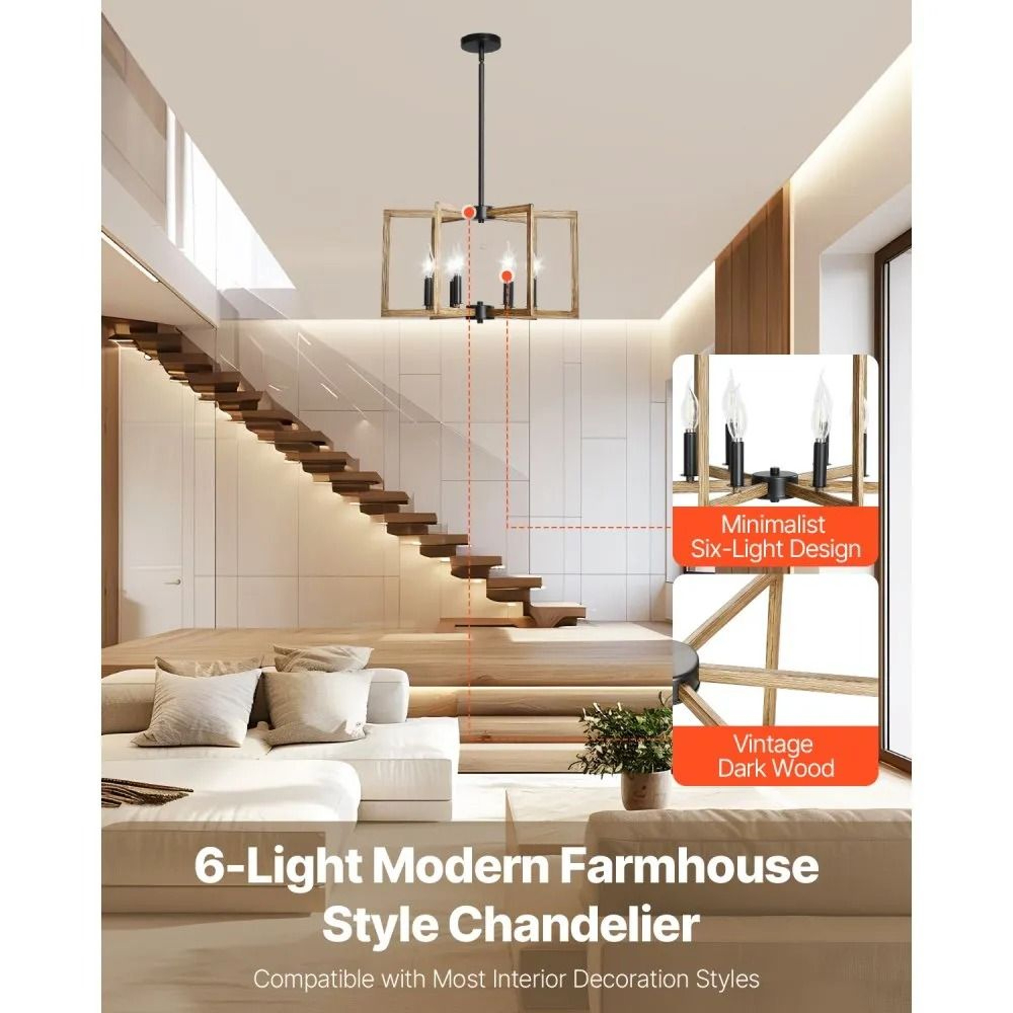 6Light Farmhouse Chandelier With Adjustable Height And Black Metal Frame 1