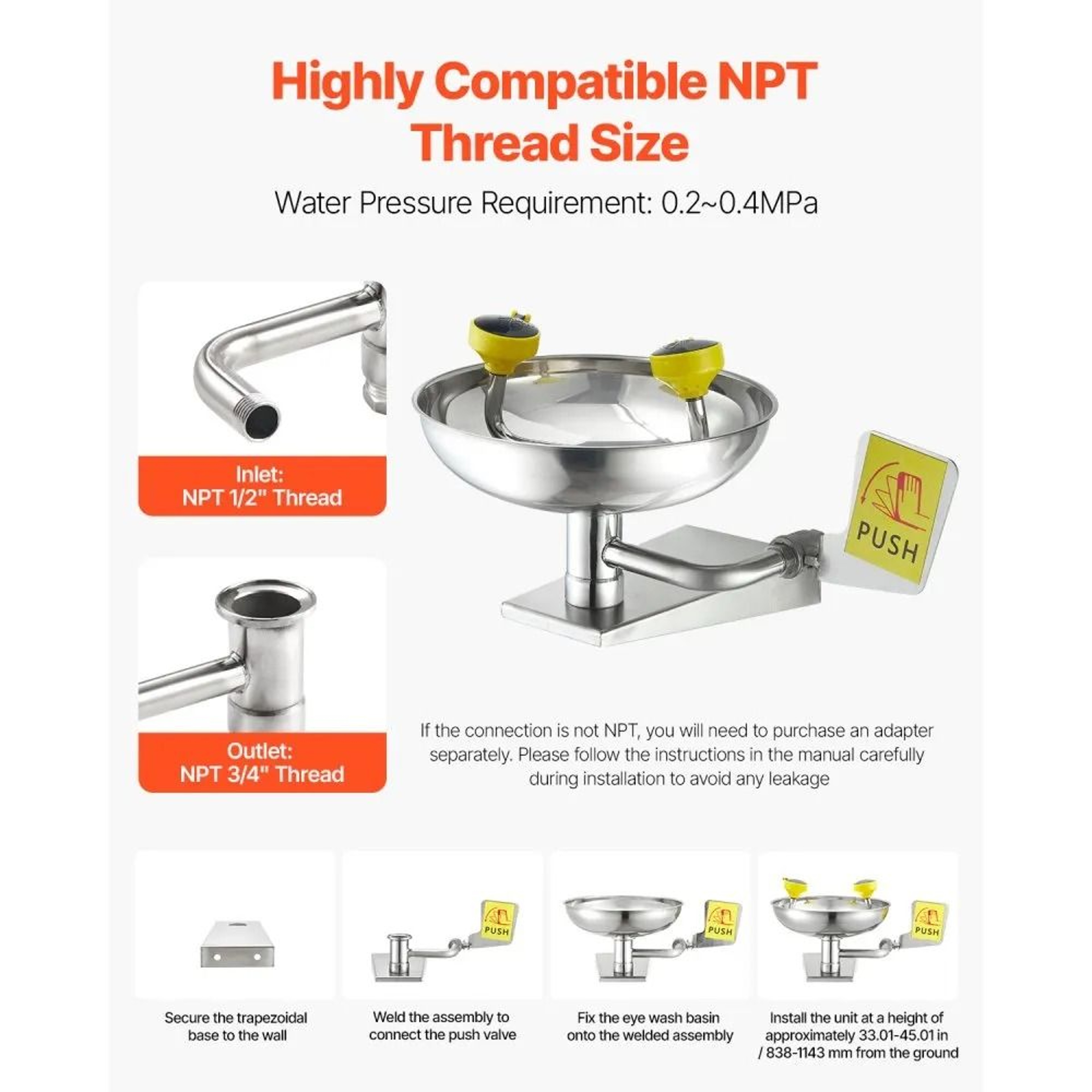 Emergency Eye Wash Station WallMounted Stainless Steel Eyewash Unit 5