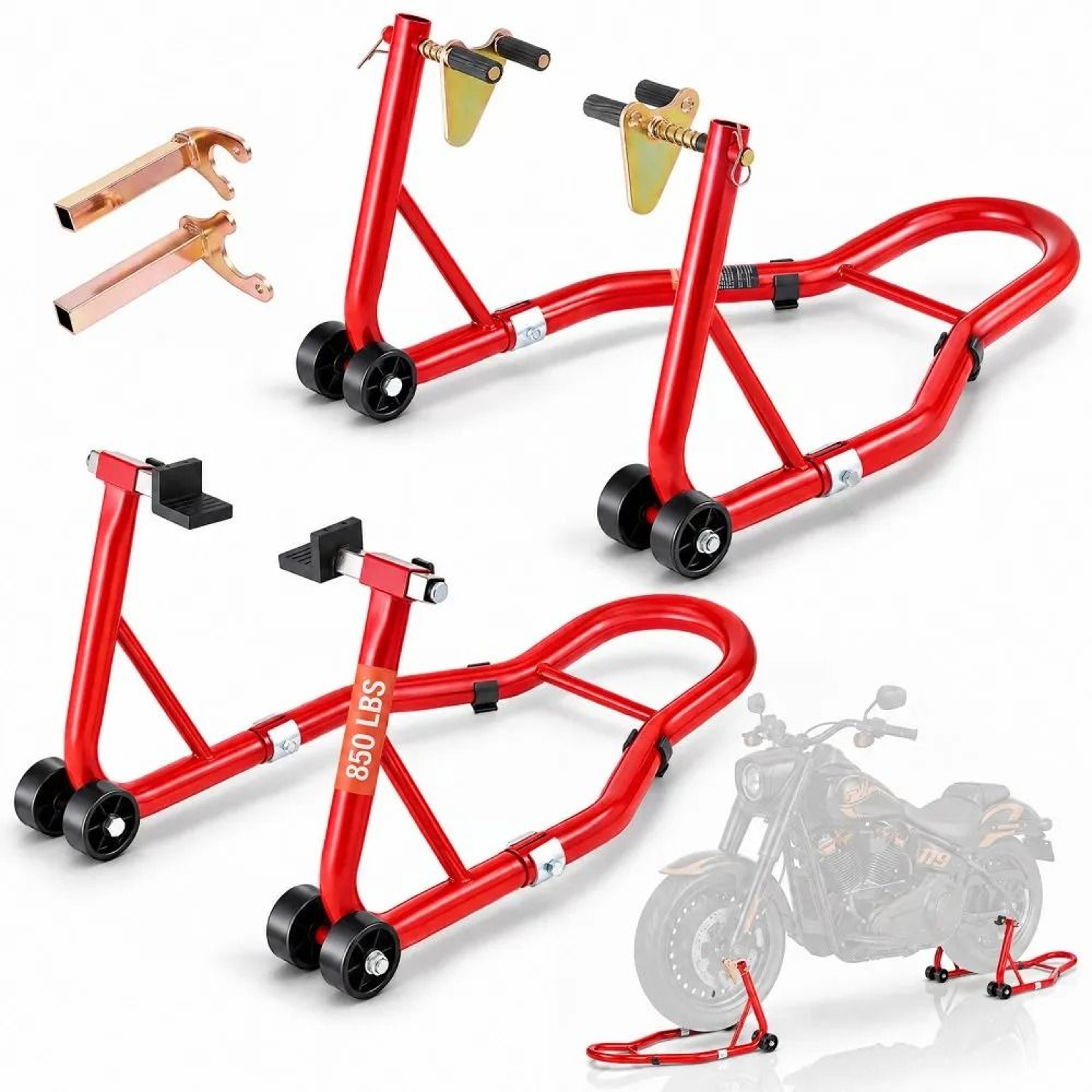 Motorcycle Front And Rear Stand Lift Set 850 Lb Capacity HeavyDuty Steel Red 0