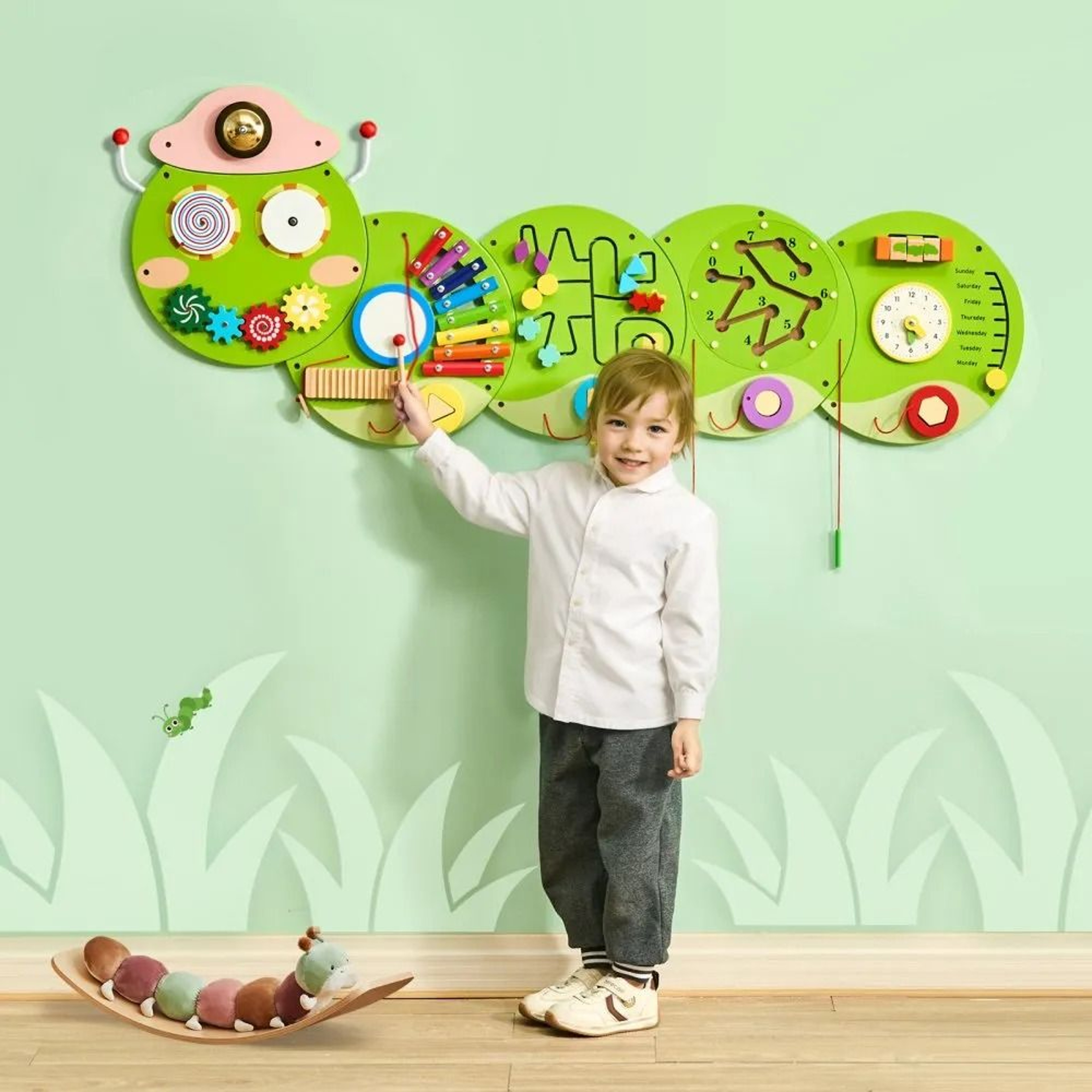 Caterpillar Montessori Wall Busy Board With 12 Sensory Activities For Kids 6
