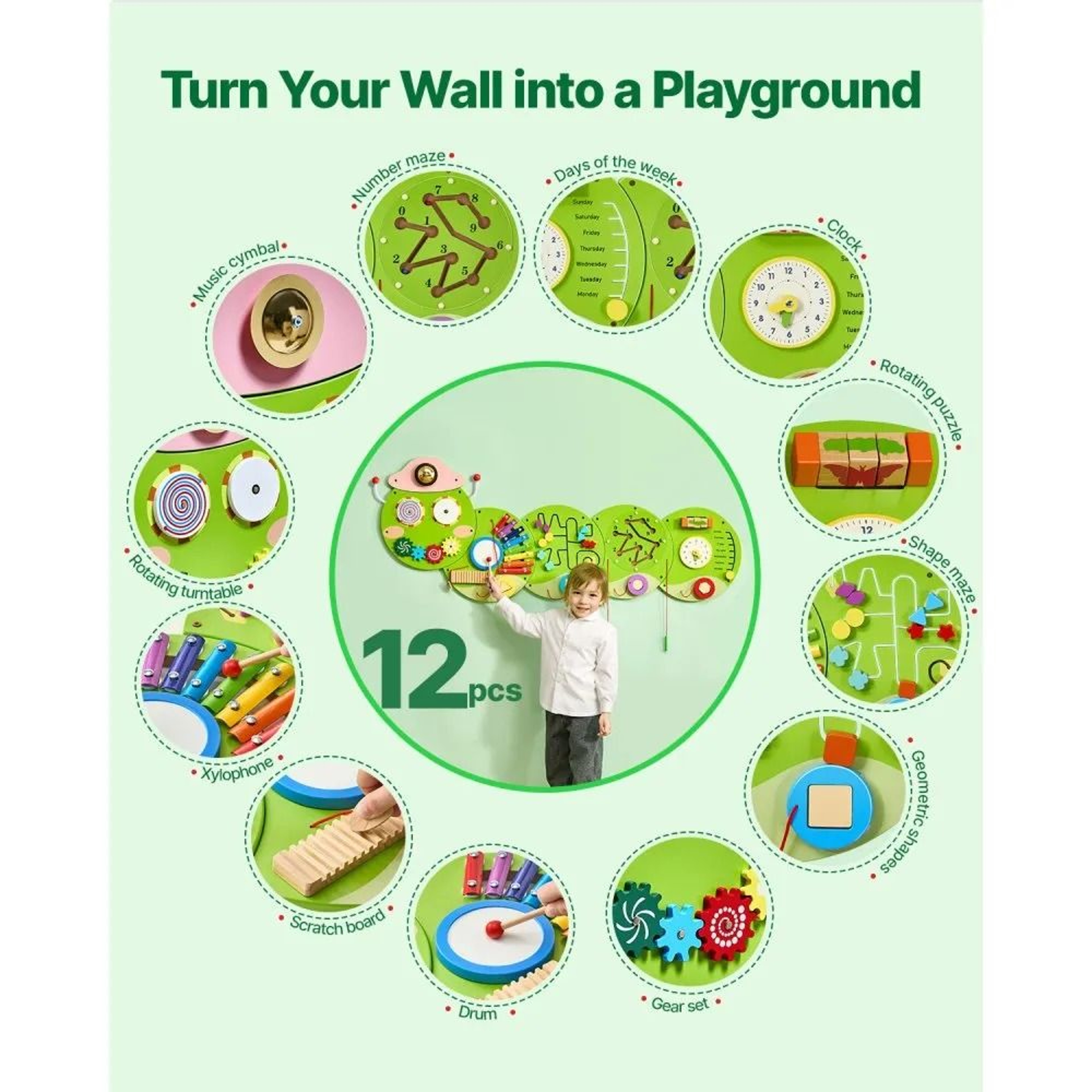 Caterpillar Montessori Wall Busy Board With 12 Sensory Activities For Kids 5