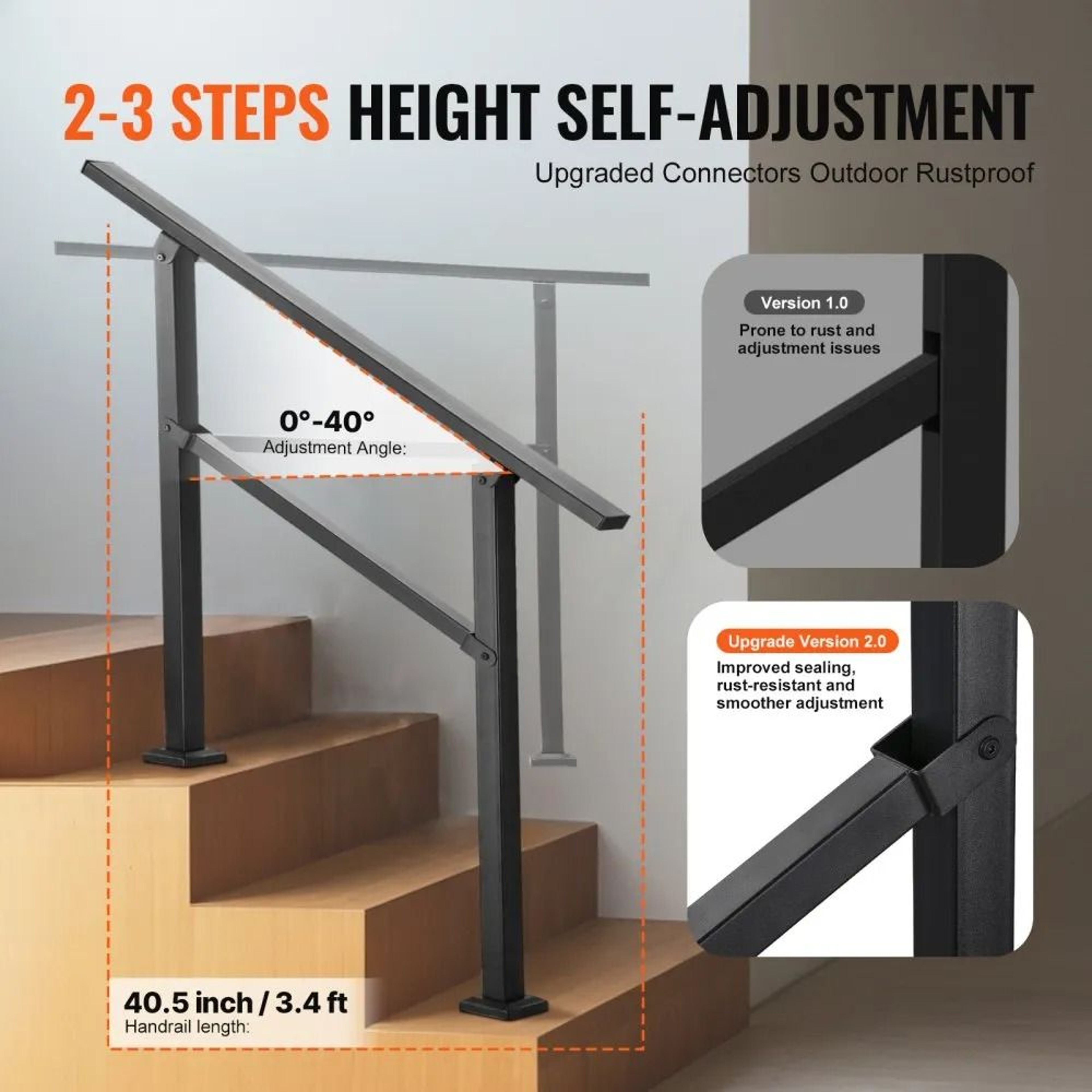 Outdoor Handrails For 23 Steps Adjustable Carbon Steel Stair Railing Kit 2