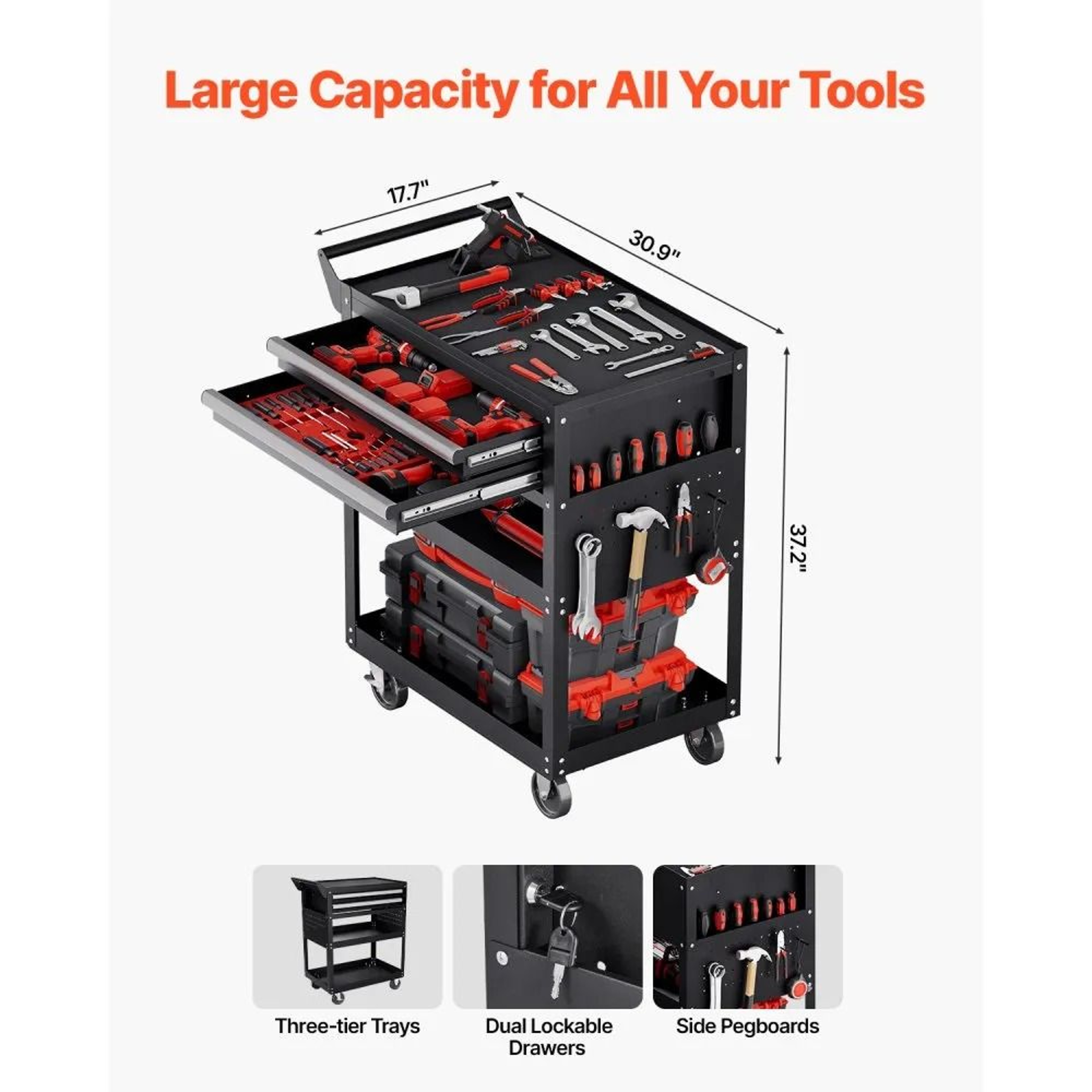 5Tier Rolling Tool Cart With 2 Locking Drawers And Pegboard 400 Lb Capacity 4