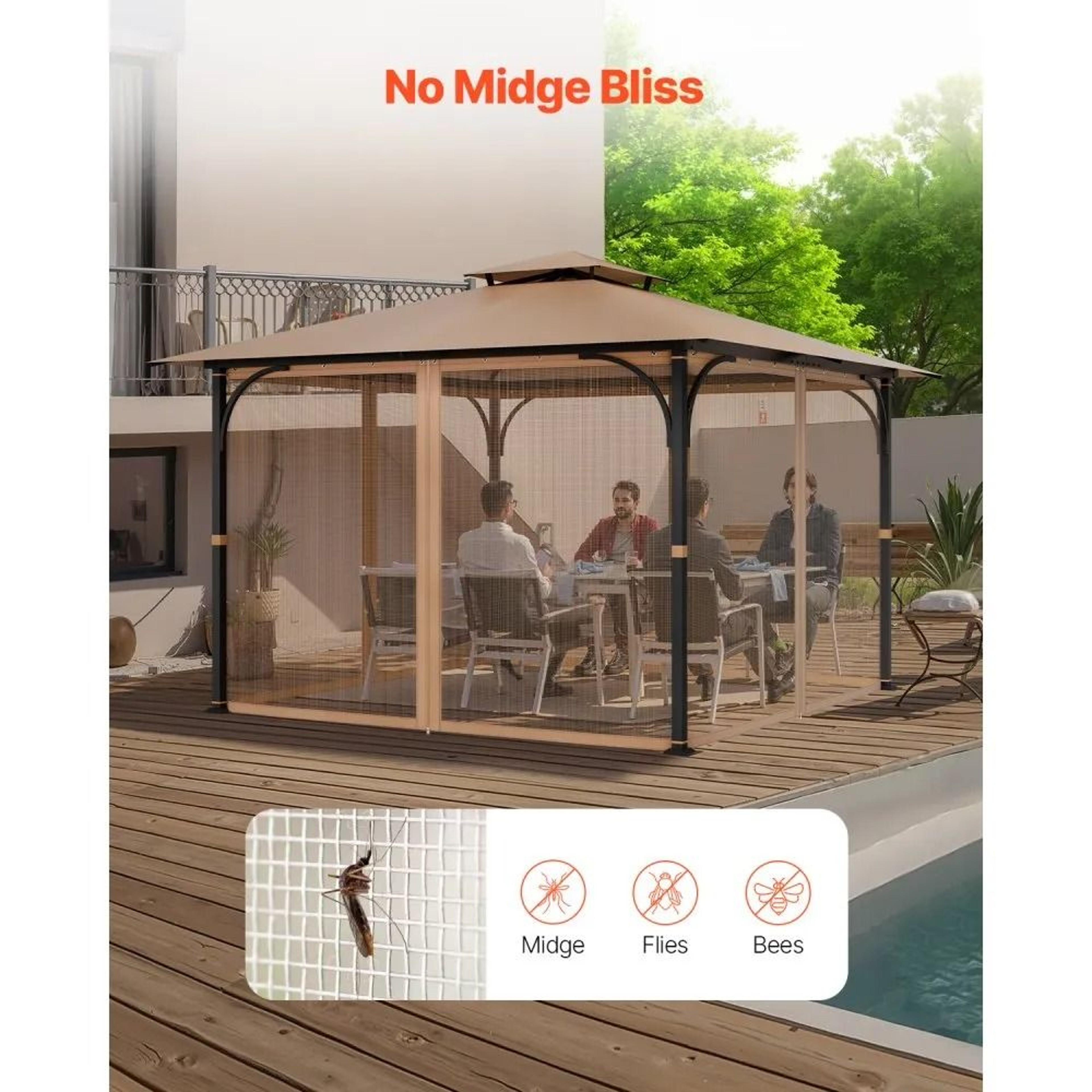 Gazebo Replacement Netting 10 X 10 FT With 4 Mesh Panels And Double Zippers 2