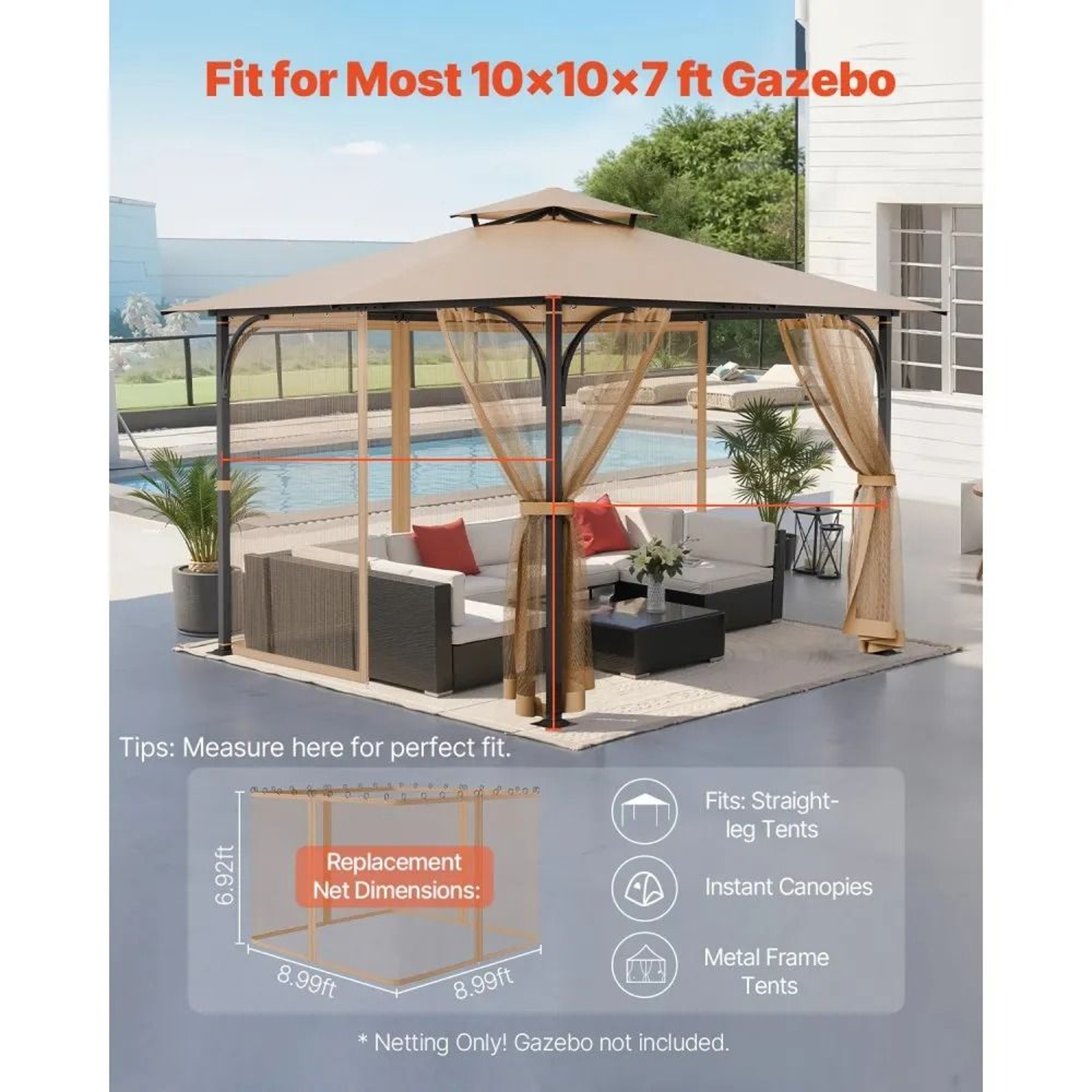 Gazebo Replacement Netting 10 X 10 FT With 4 Mesh Panels And Double Zippers 1