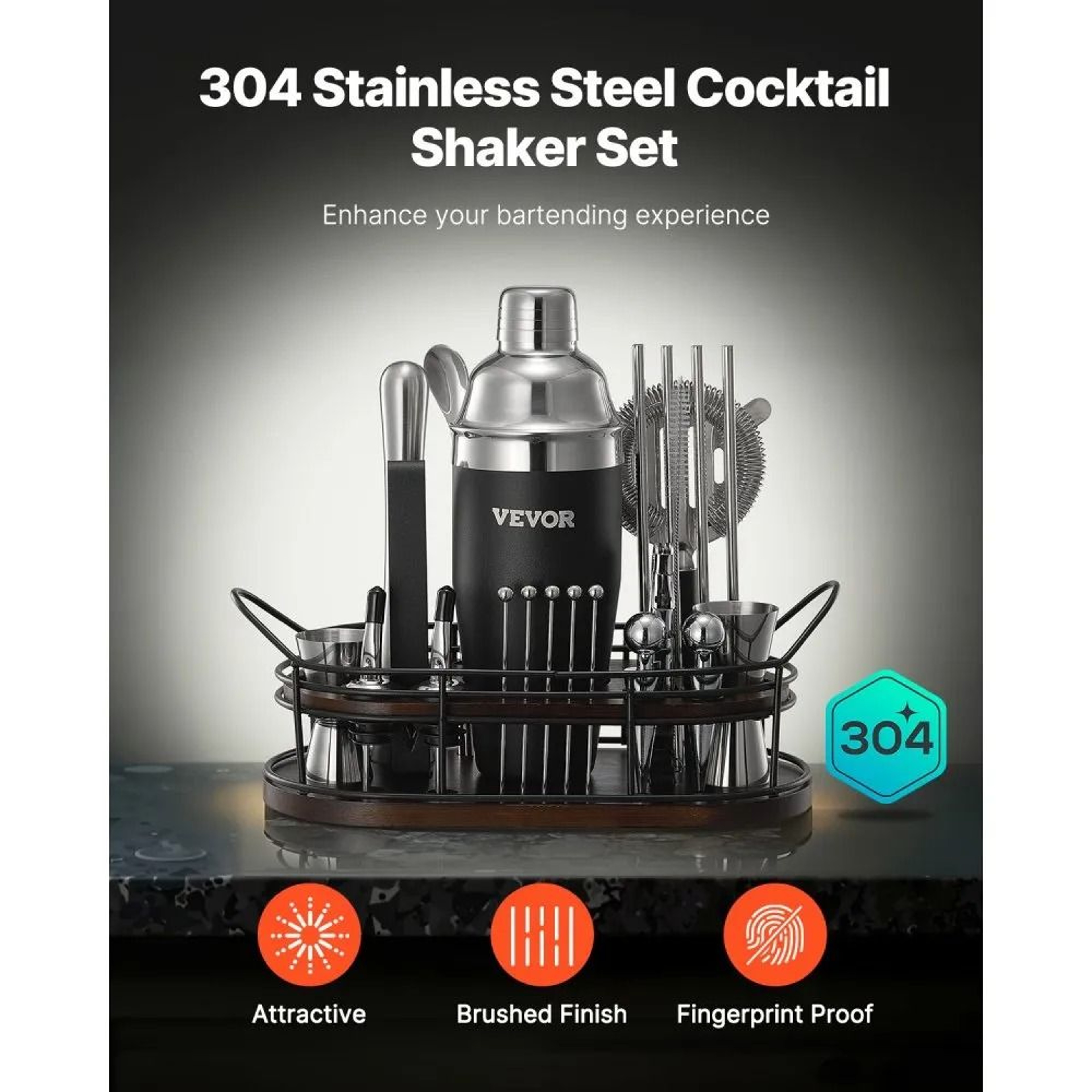 23Piece Stainless Steel Cocktail Shaker Set With Bamboo Stand And Bar Tools 4