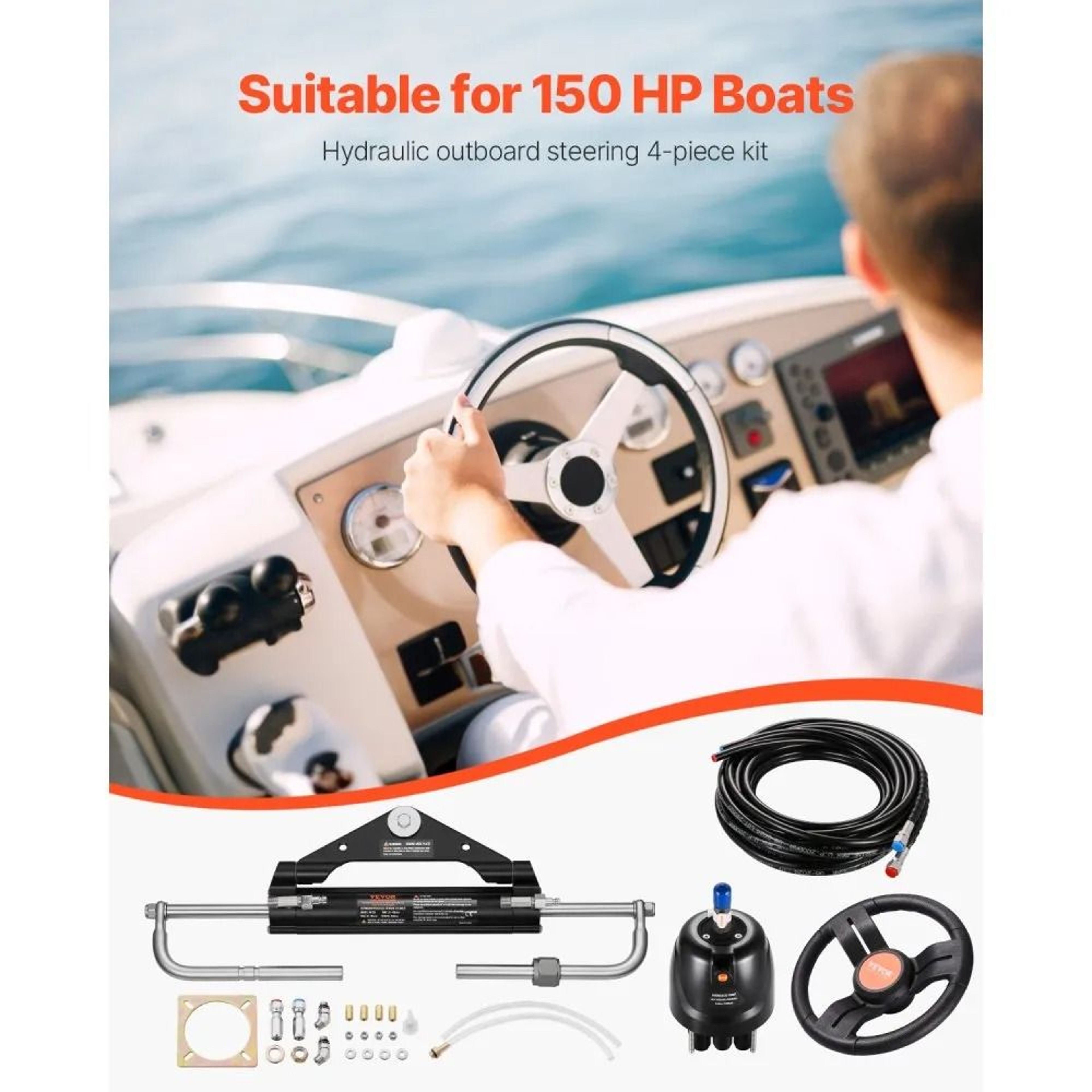 150HP Hydraulic Outboard Steering Kit With 135Inch Wheel And 26FT Hoses 1