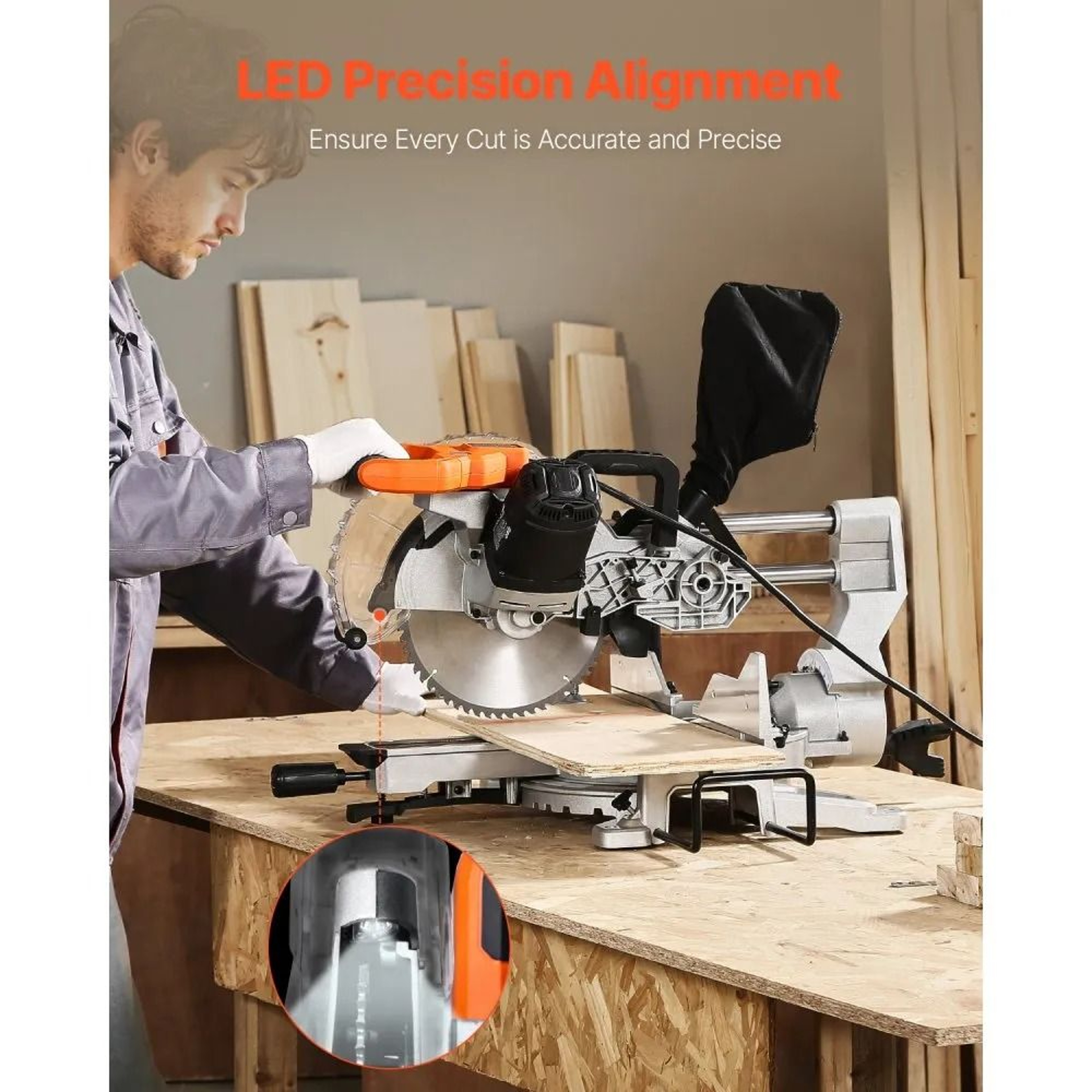 10Inch Sliding Compound Miter Saw With Dual Bevel And LED Cutting Guide 3