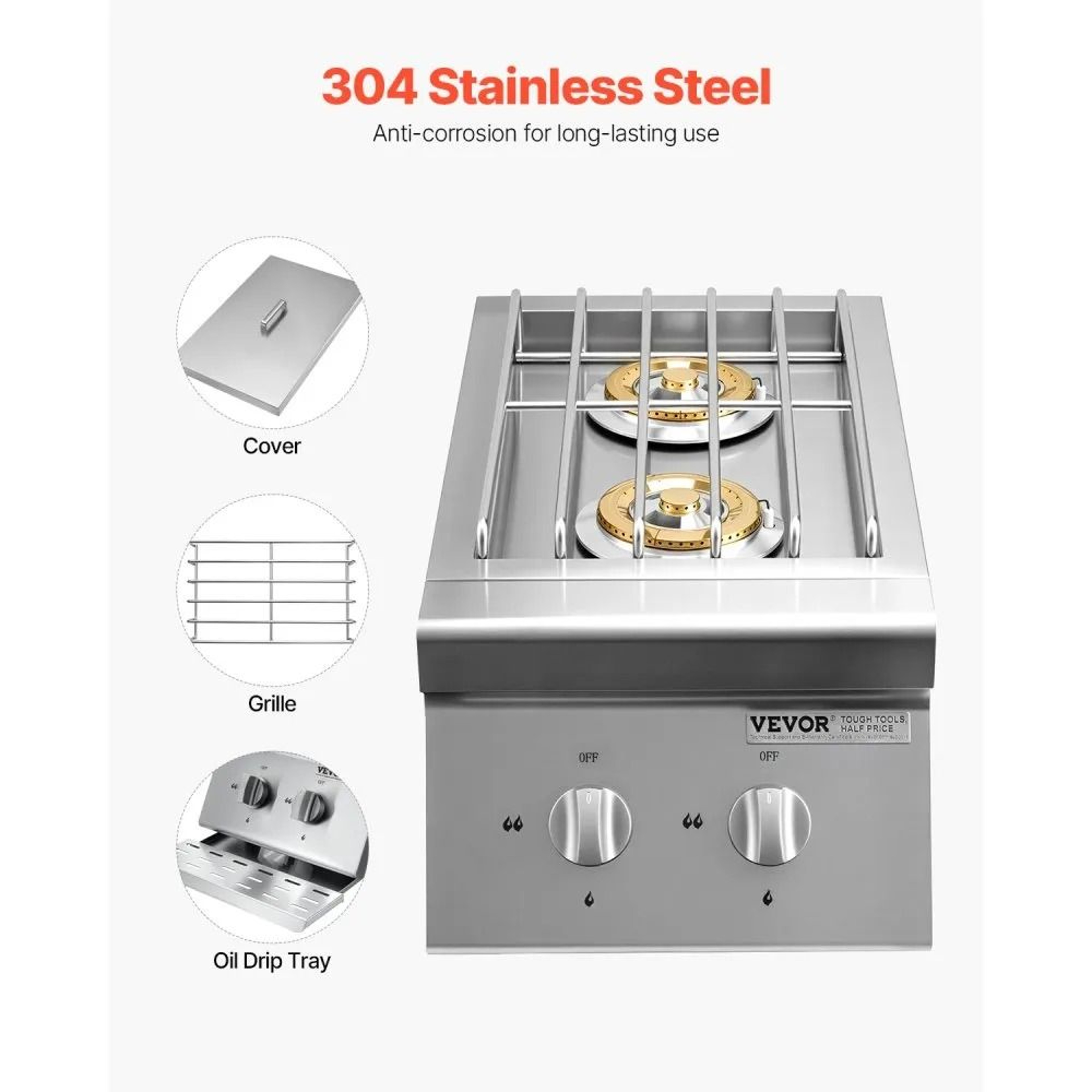 BuiltIn Double Side Burner With 2 X 15000 BTU Burners And 304 Stainless Steel 2