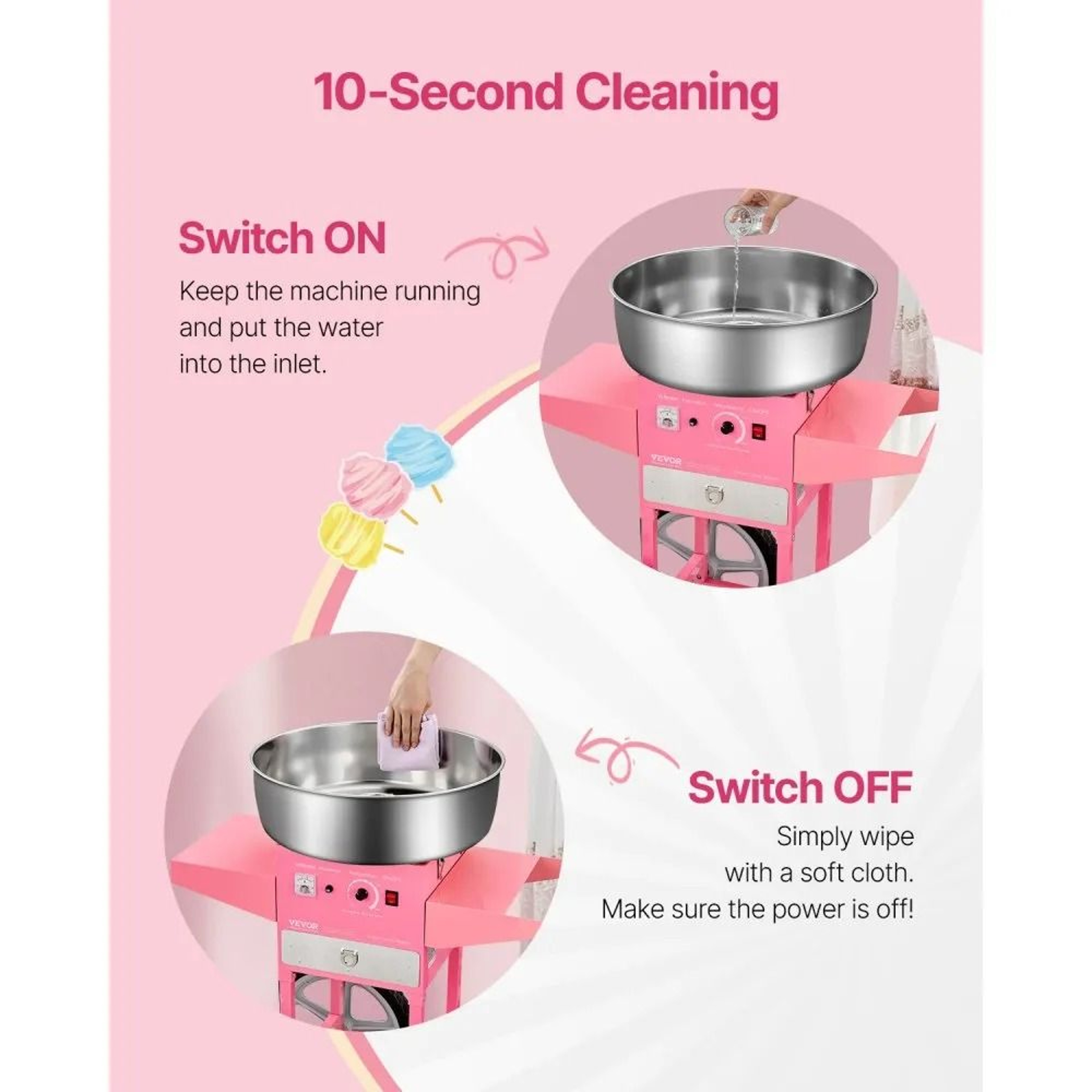 Electric Cotton Candy Machine With Cart 1000W Commercial Candy Floss Maker Pink 5