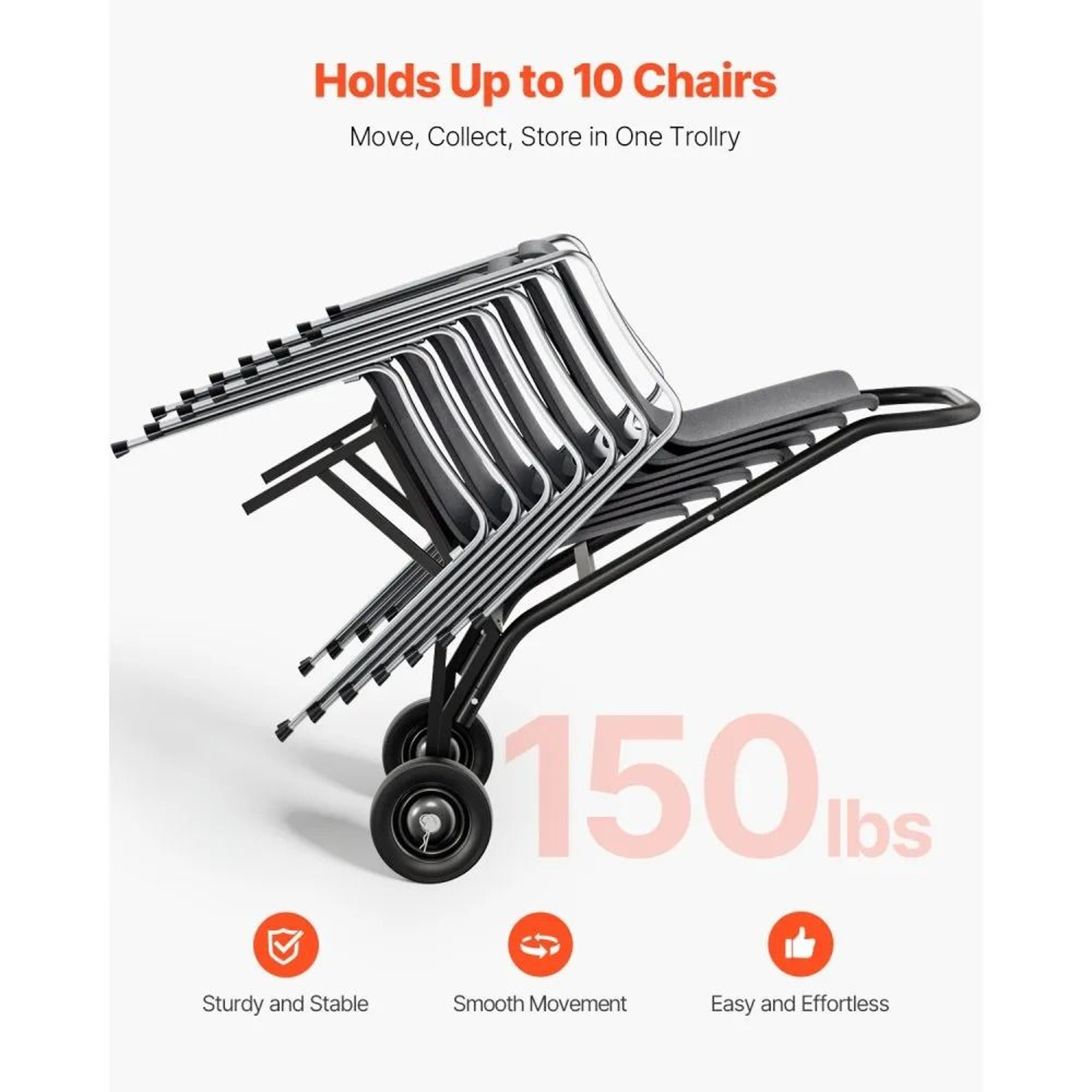 Heavy Duty Folding Chair Storage Cart With 150 LB Capacity And Rubber Wheels 1