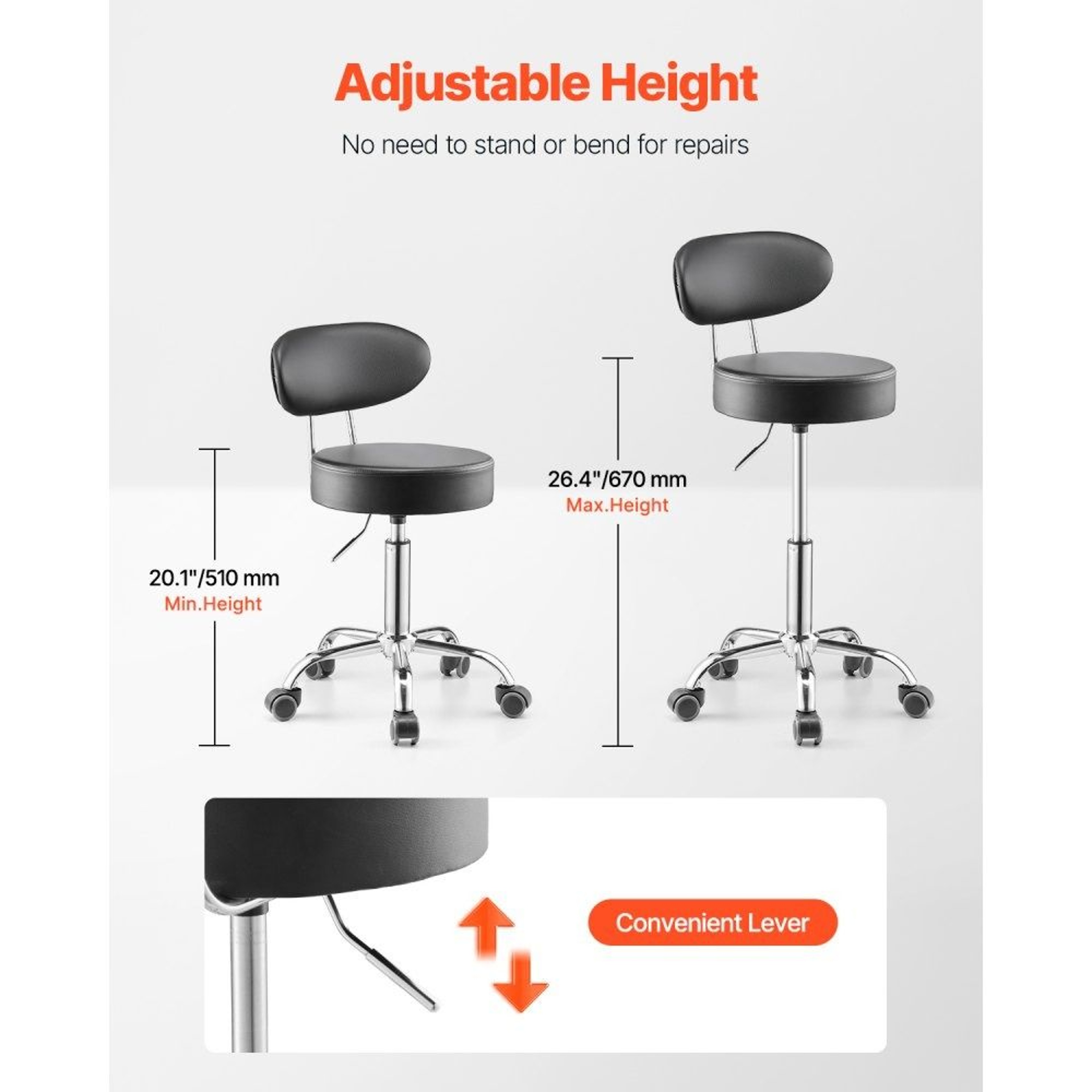 Adjustable Rolling Shop Stool With Backrest 300 LB Capacity And 360 Swivel Seat 4