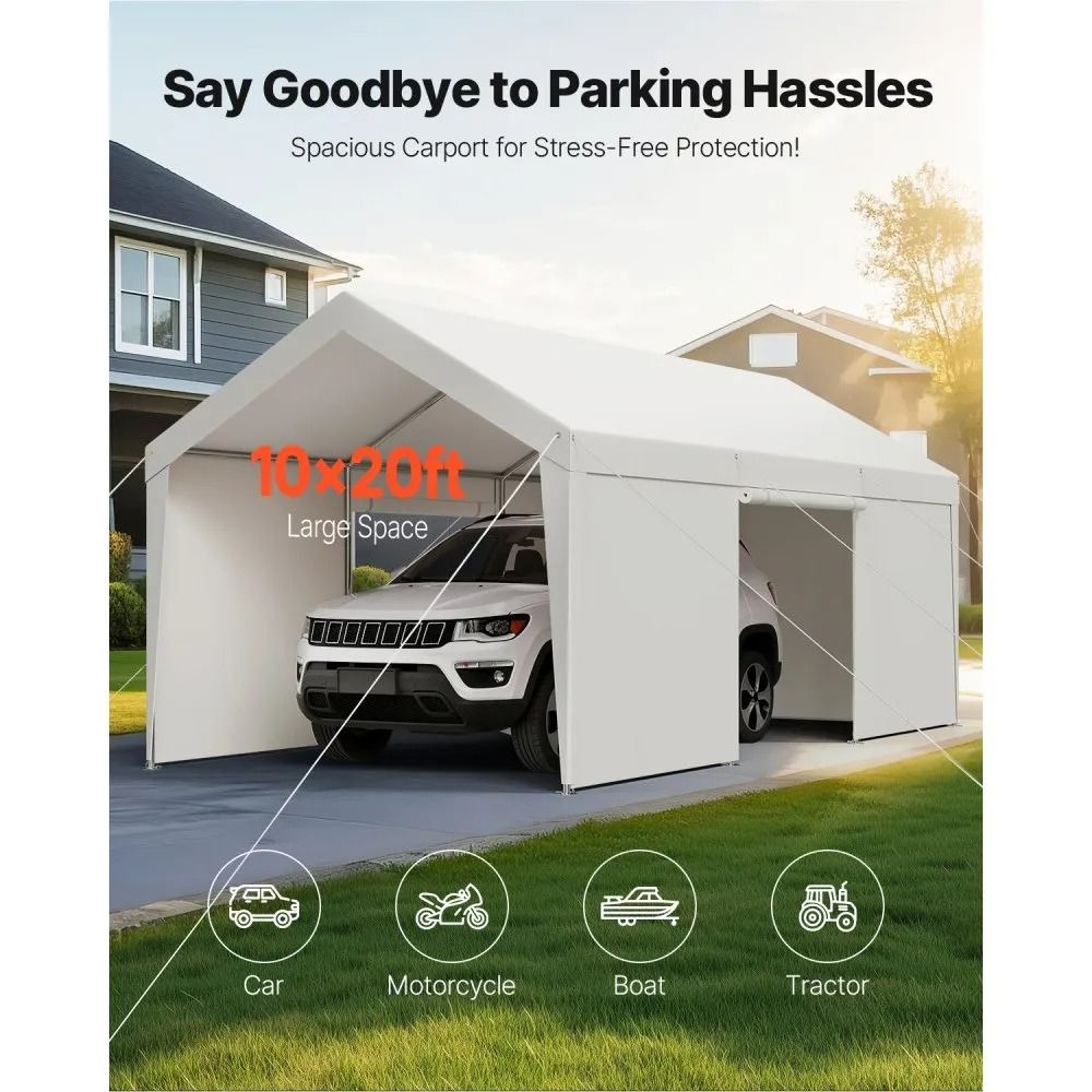 10 X 20 FT Heavy Duty Portable Carport Canopy With Removable Sidewalls And Zipper Door 1