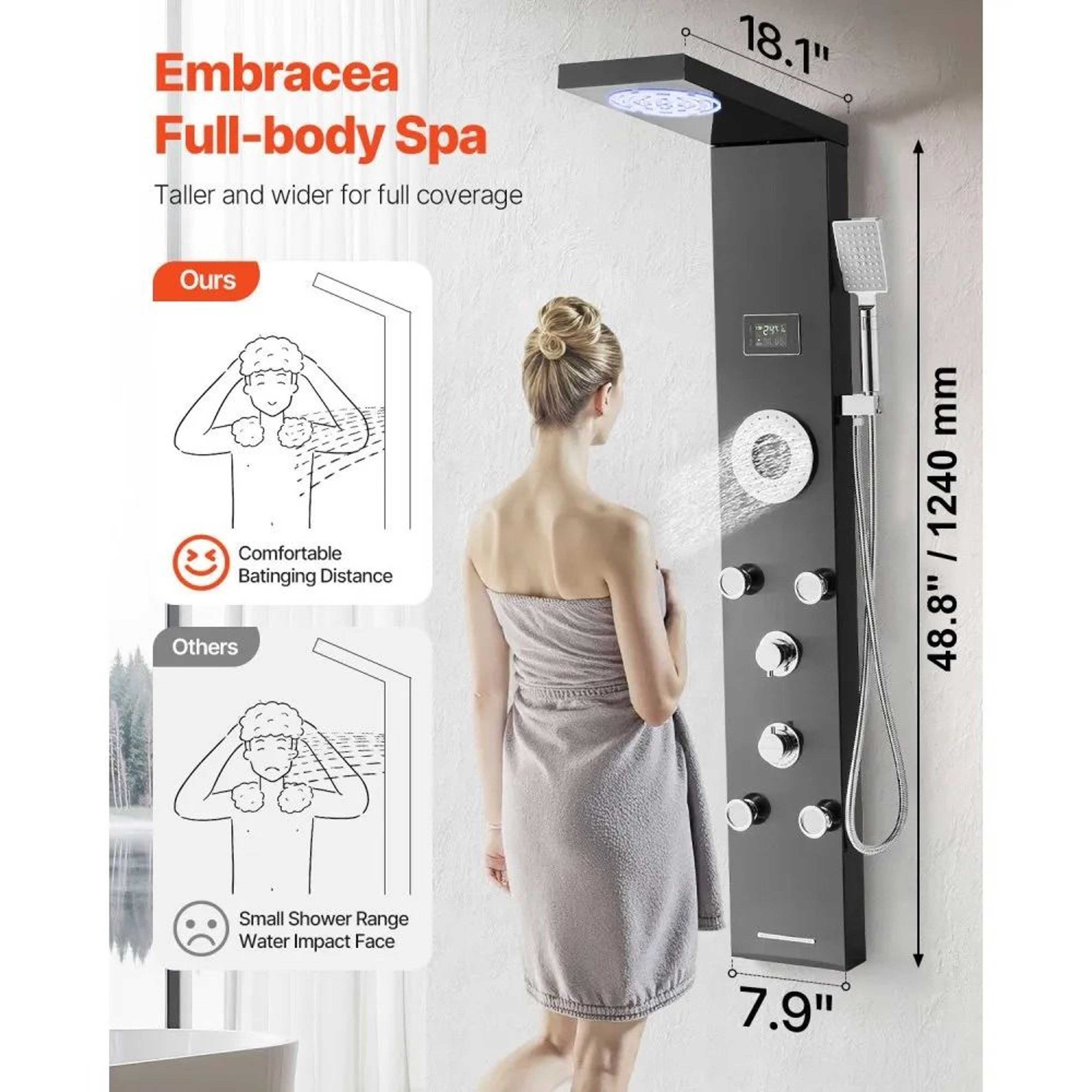 Shower Panel Tower System With LED Rainfall Shower Head And 5 Massage Body Jets 1