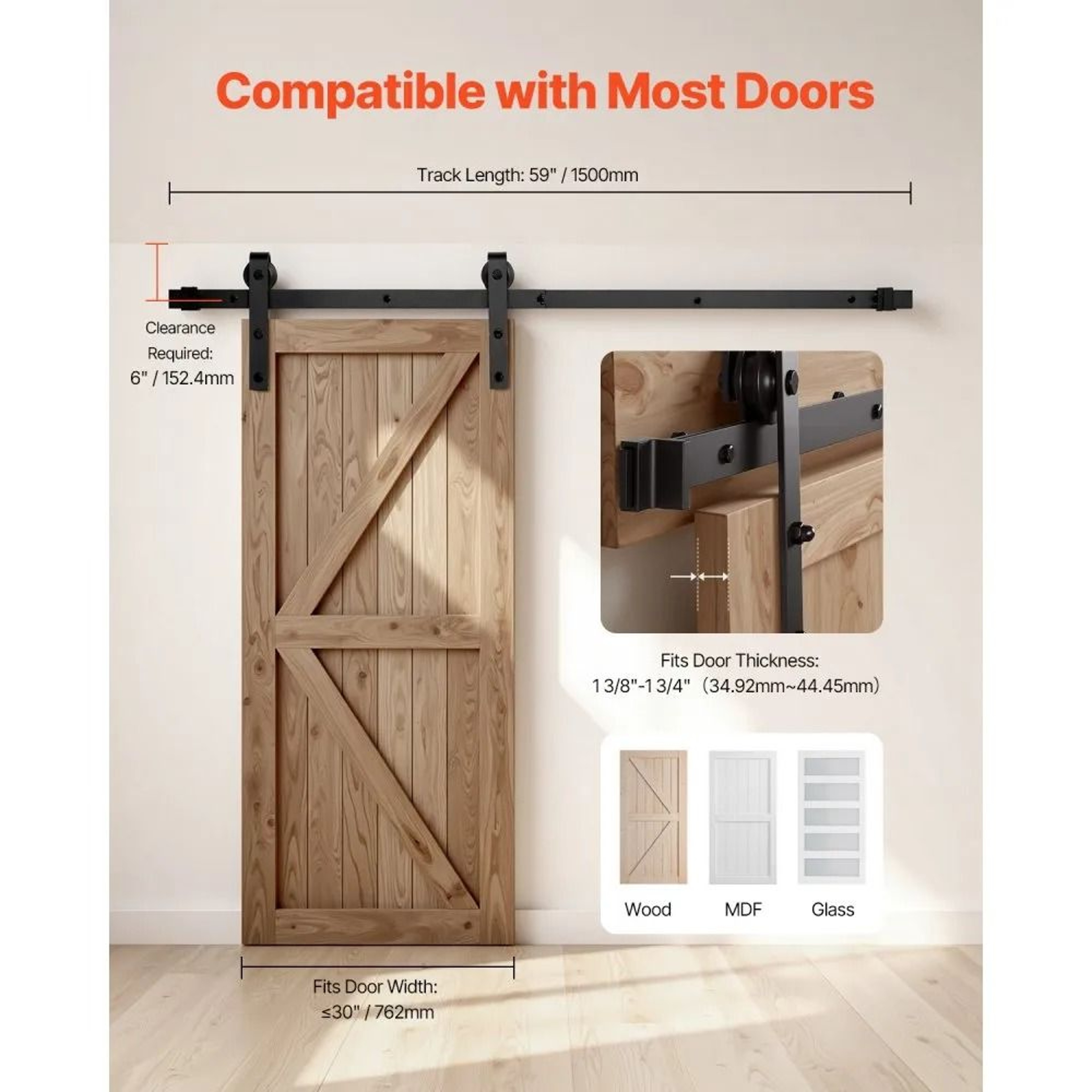 5FT Sliding Barn Door Hardware Kit With 330 LB Capacity And JShape Rollers 1