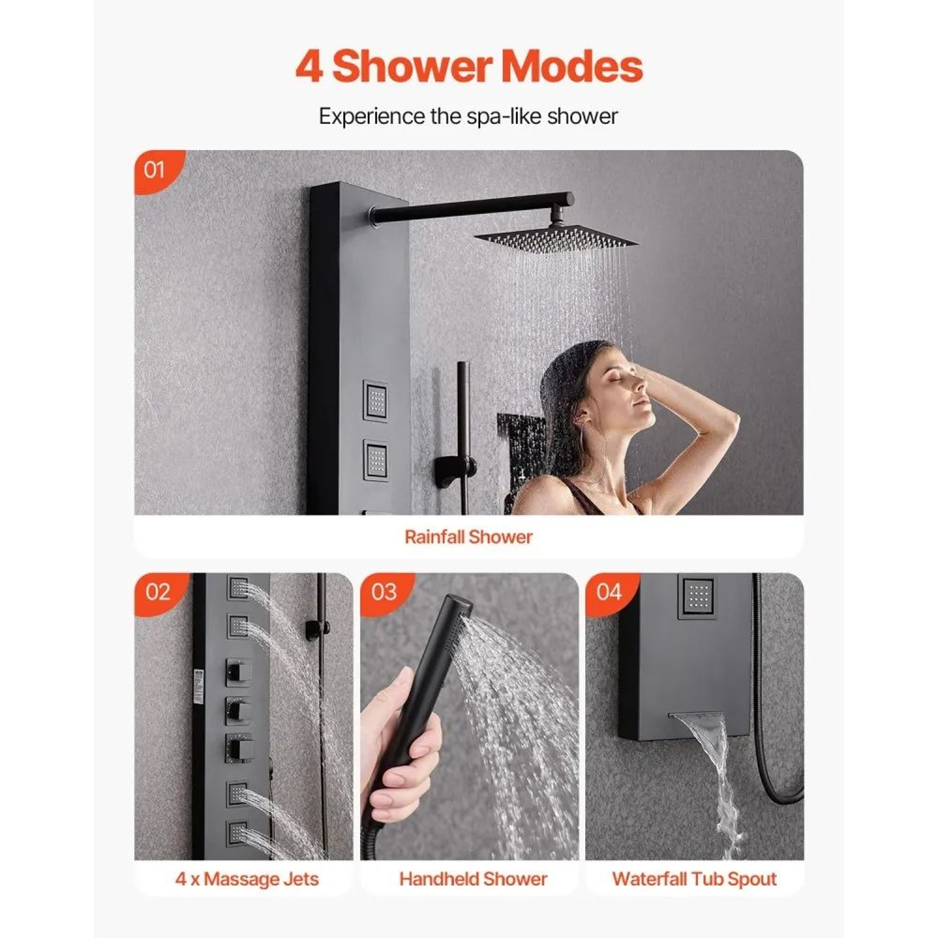 4Function Shower Panel Tower System With Rainfall Head And Body Massage Jets 4