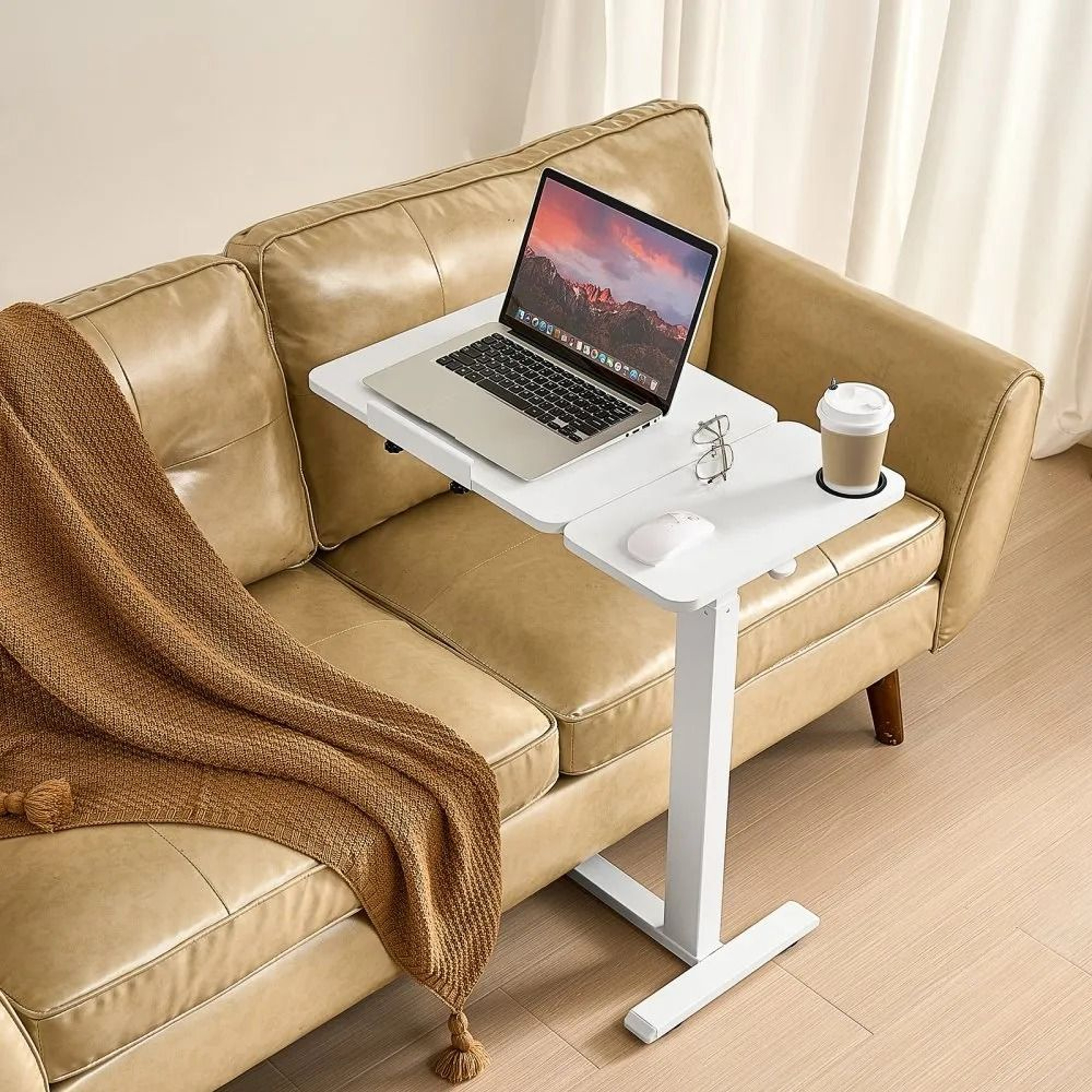Adjustable Overbed Table With Tilting Desktop And Hidden Wheels 0