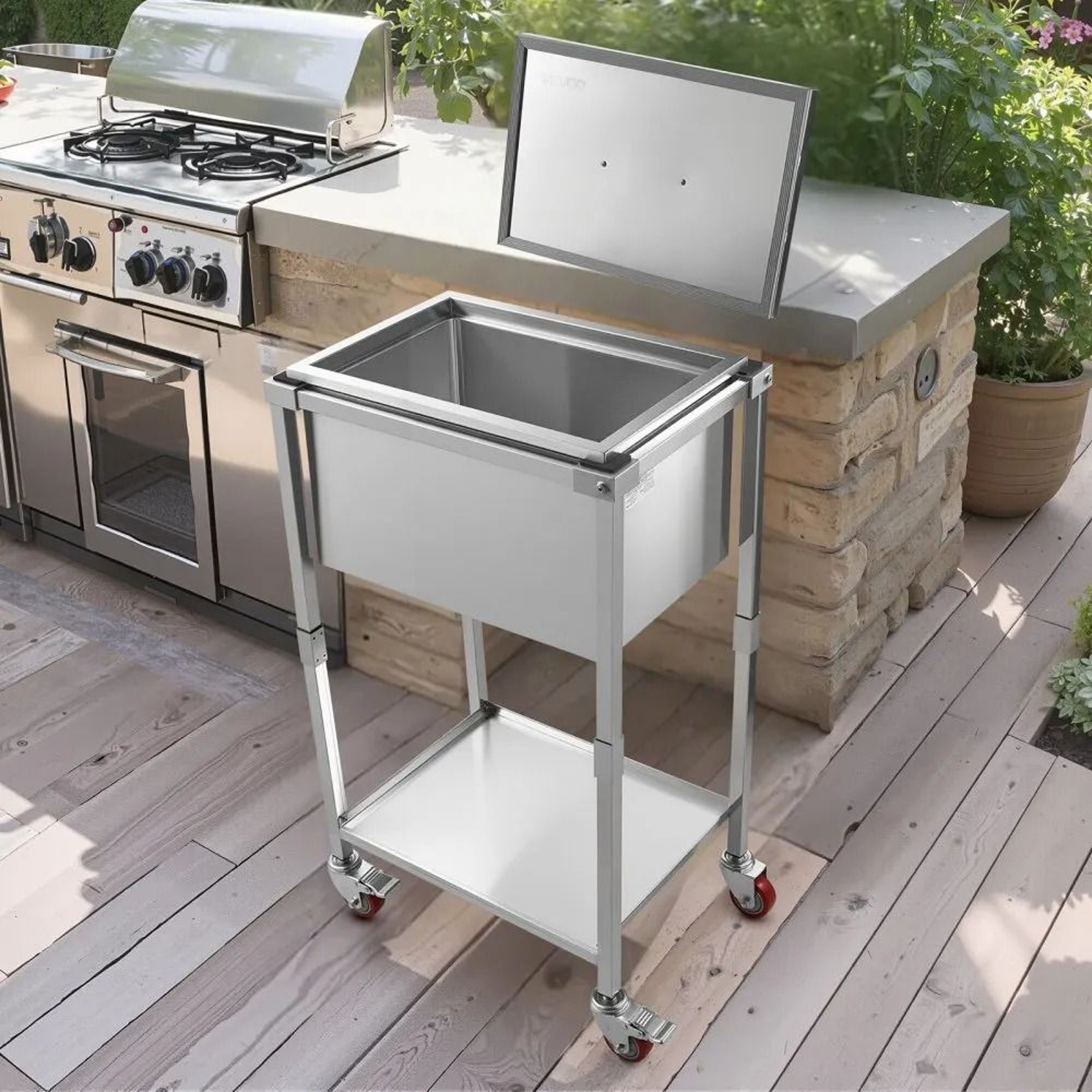 Rolling Ice Chest Cooler Cart With 328 QT Stainless Steel Ice Bin And Swivel Wheels 6