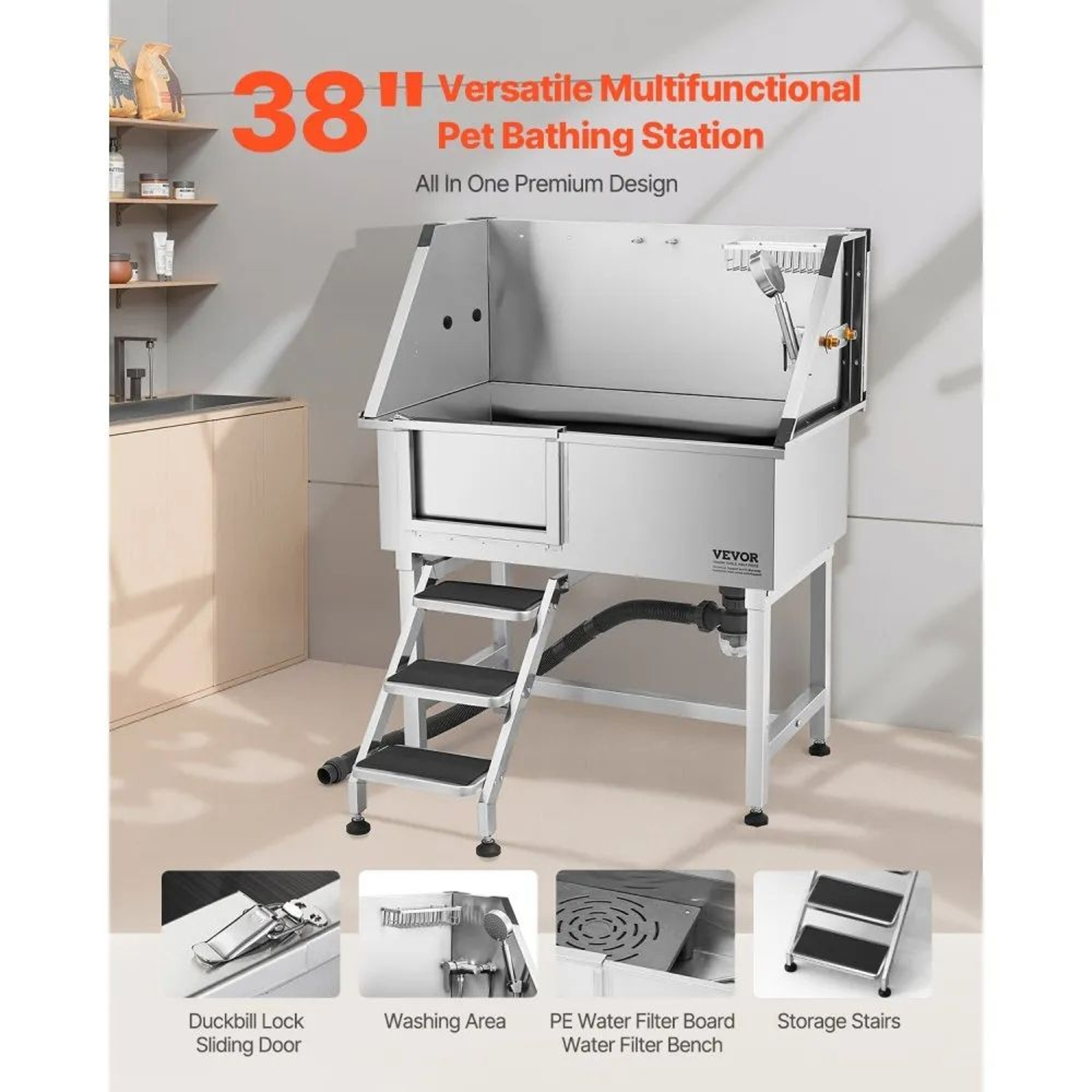 38Inch Stainless Steel Dog Washing Station With Hot And Cold Faucet And NonSlip Stairs 2
