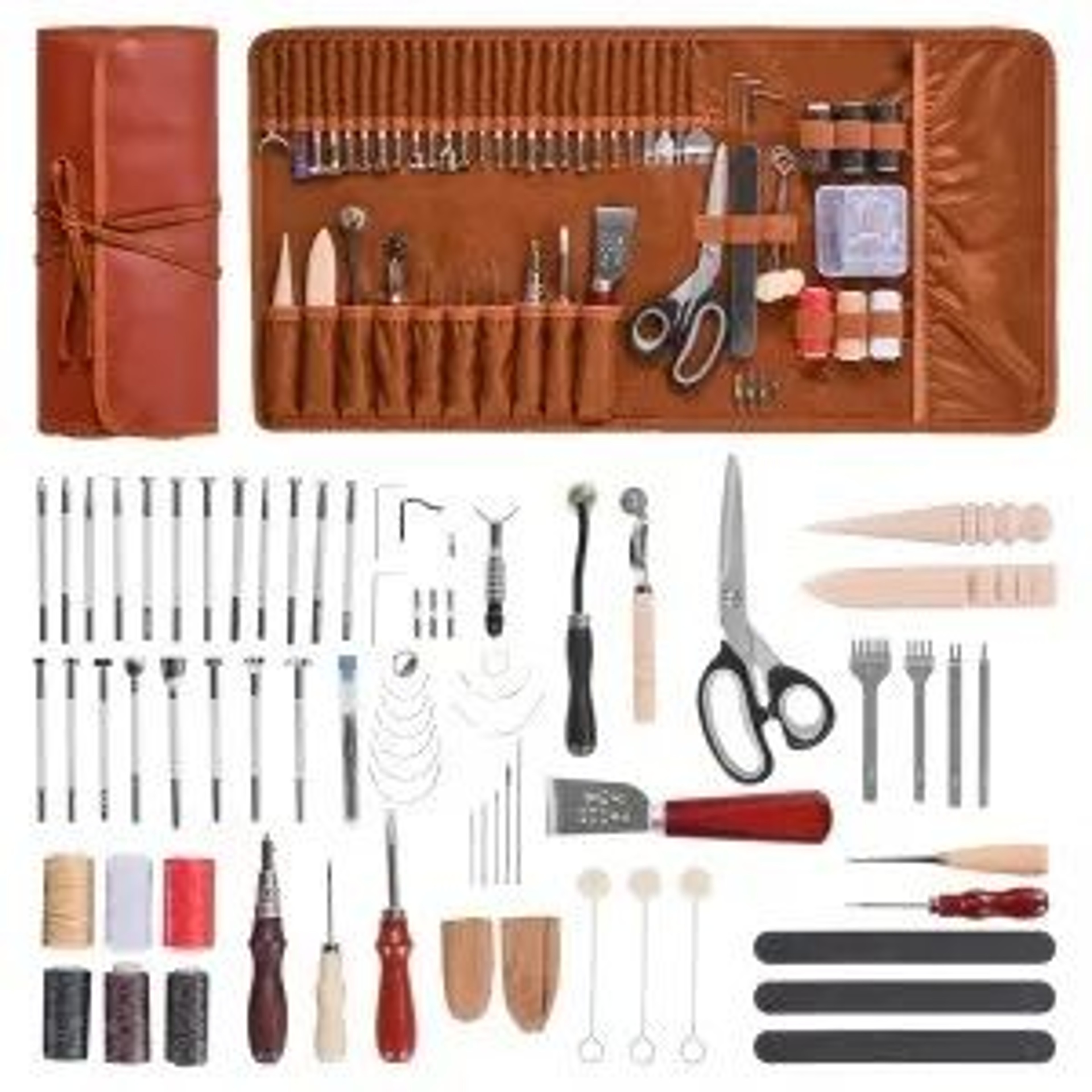 72Piece Leather Working Tools Kit With Leather Storage Bag For DIY Crafting 7