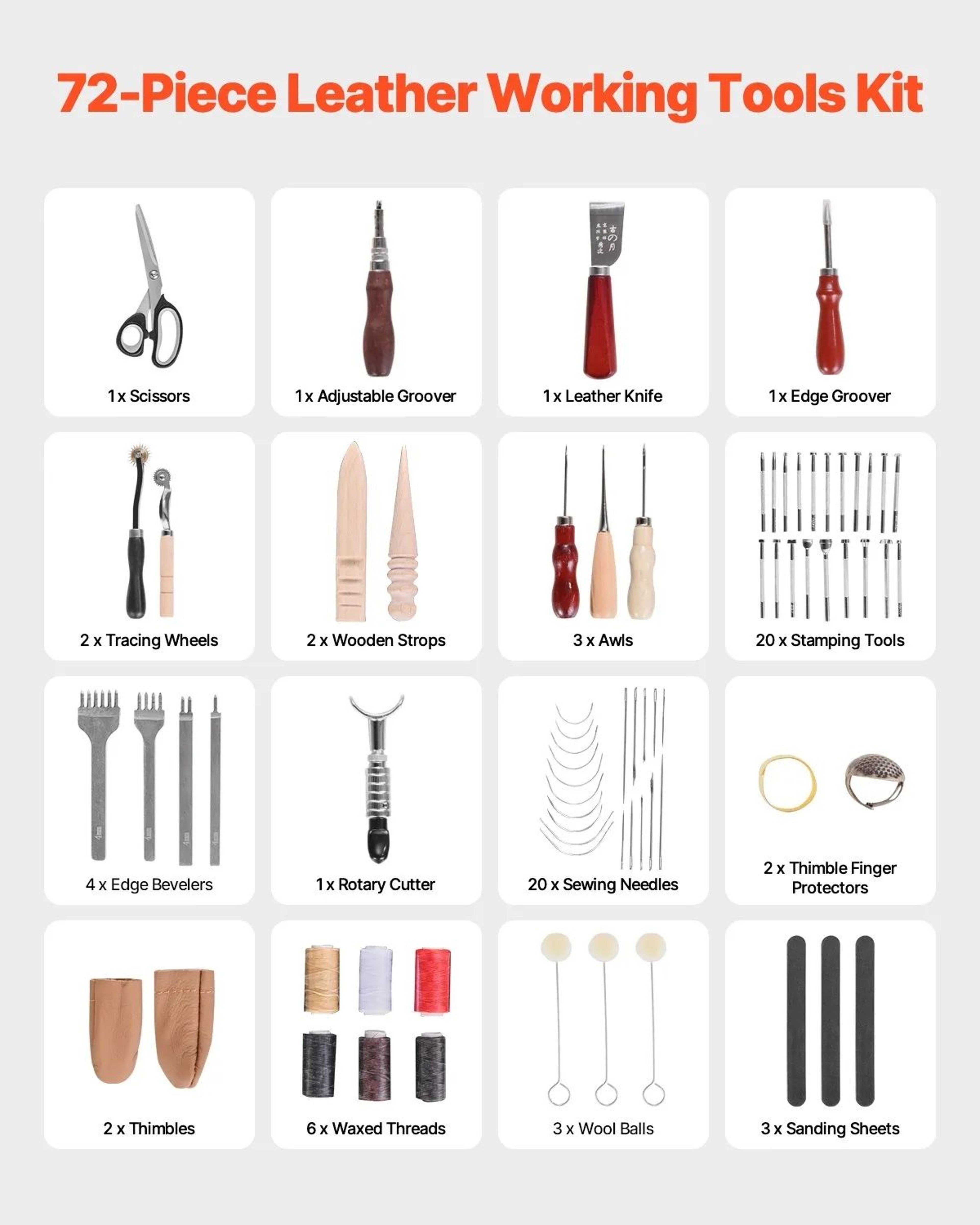 72Piece Leather Working Tools Kit With Leather Storage Bag For DIY Crafting 4
