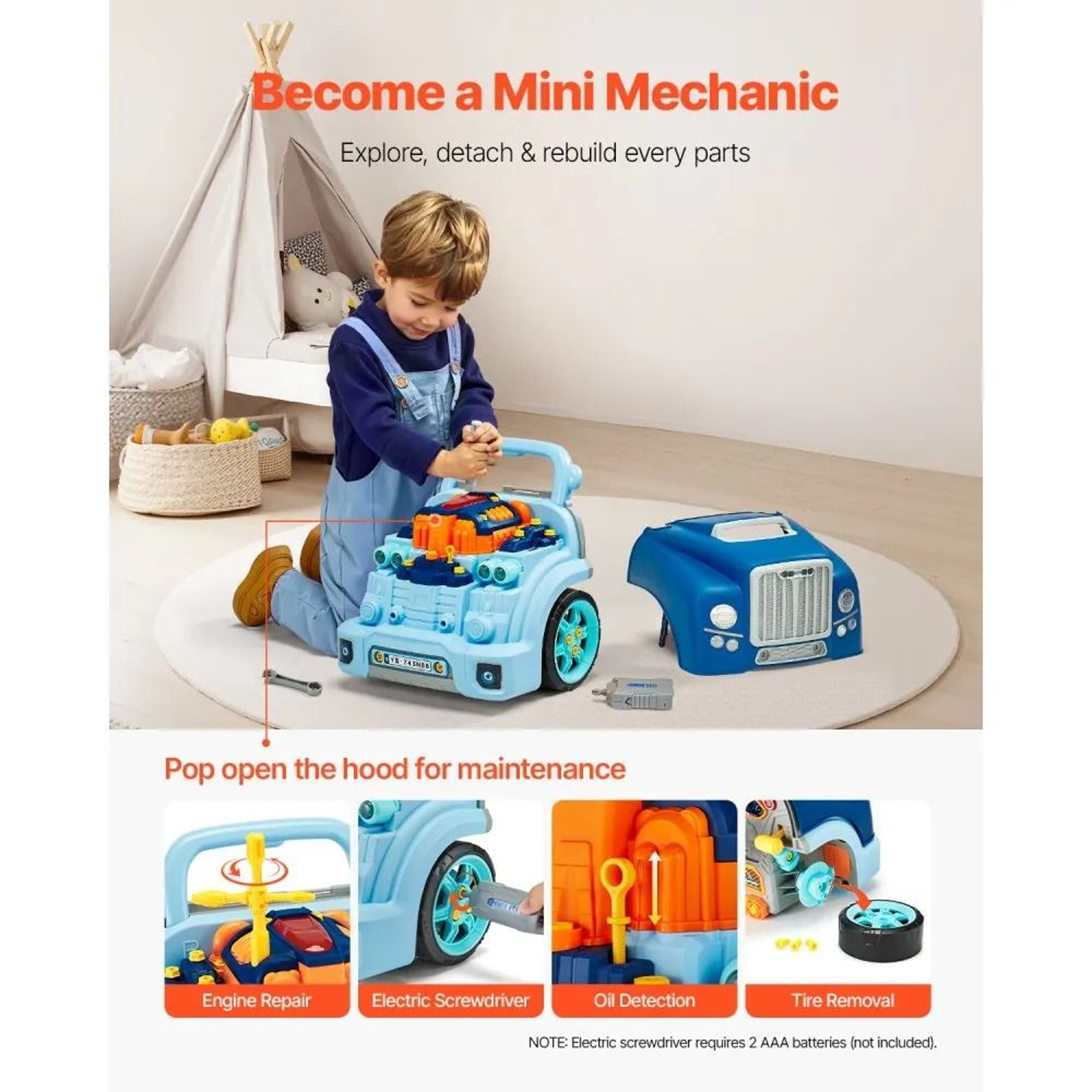 Kids Mechanic Engine Toy Car Repair Play Set With Lights And Sounds 5