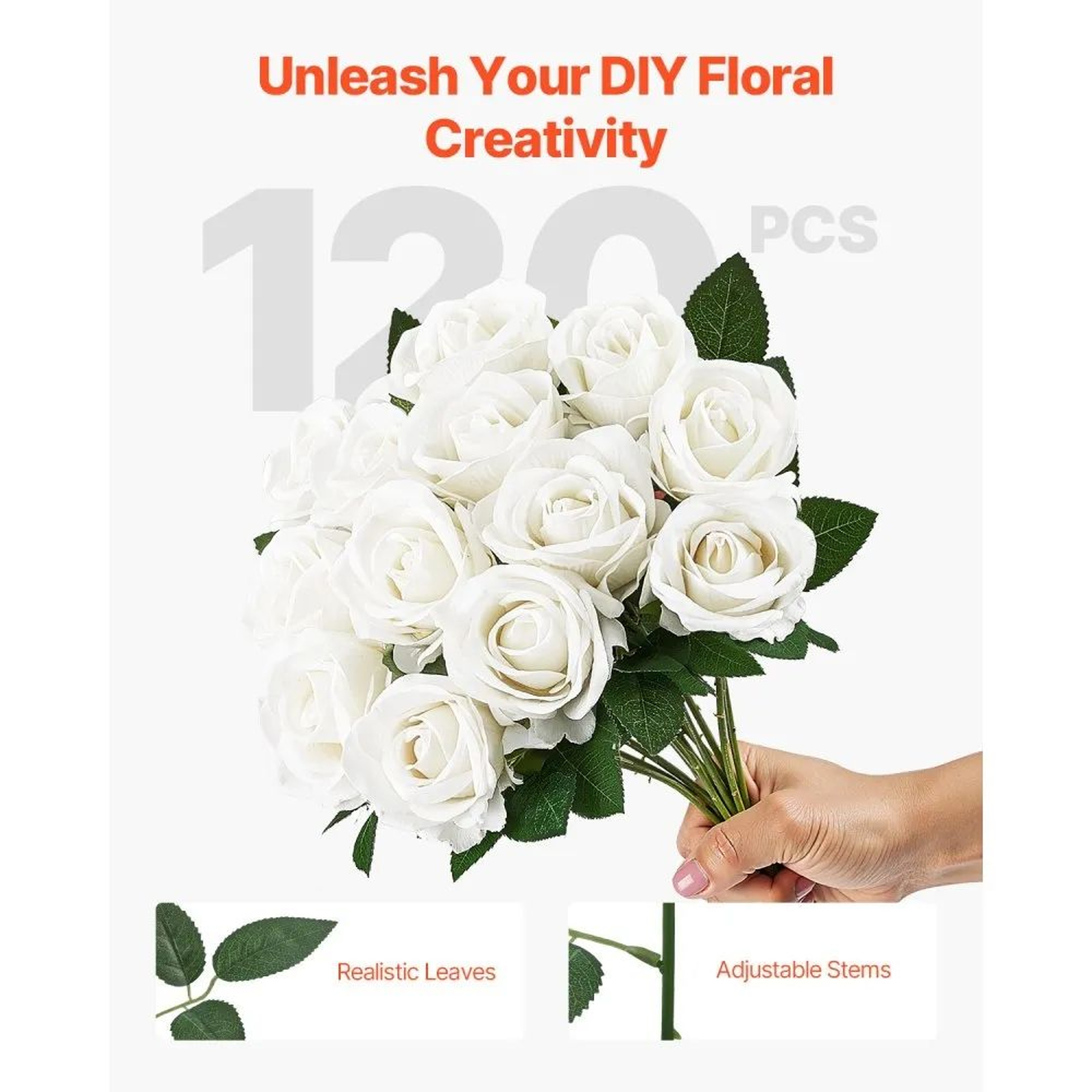 120 Pcs White Artificial Roses With Stems For Wedding Bouquets And DIY Floral Decor 3