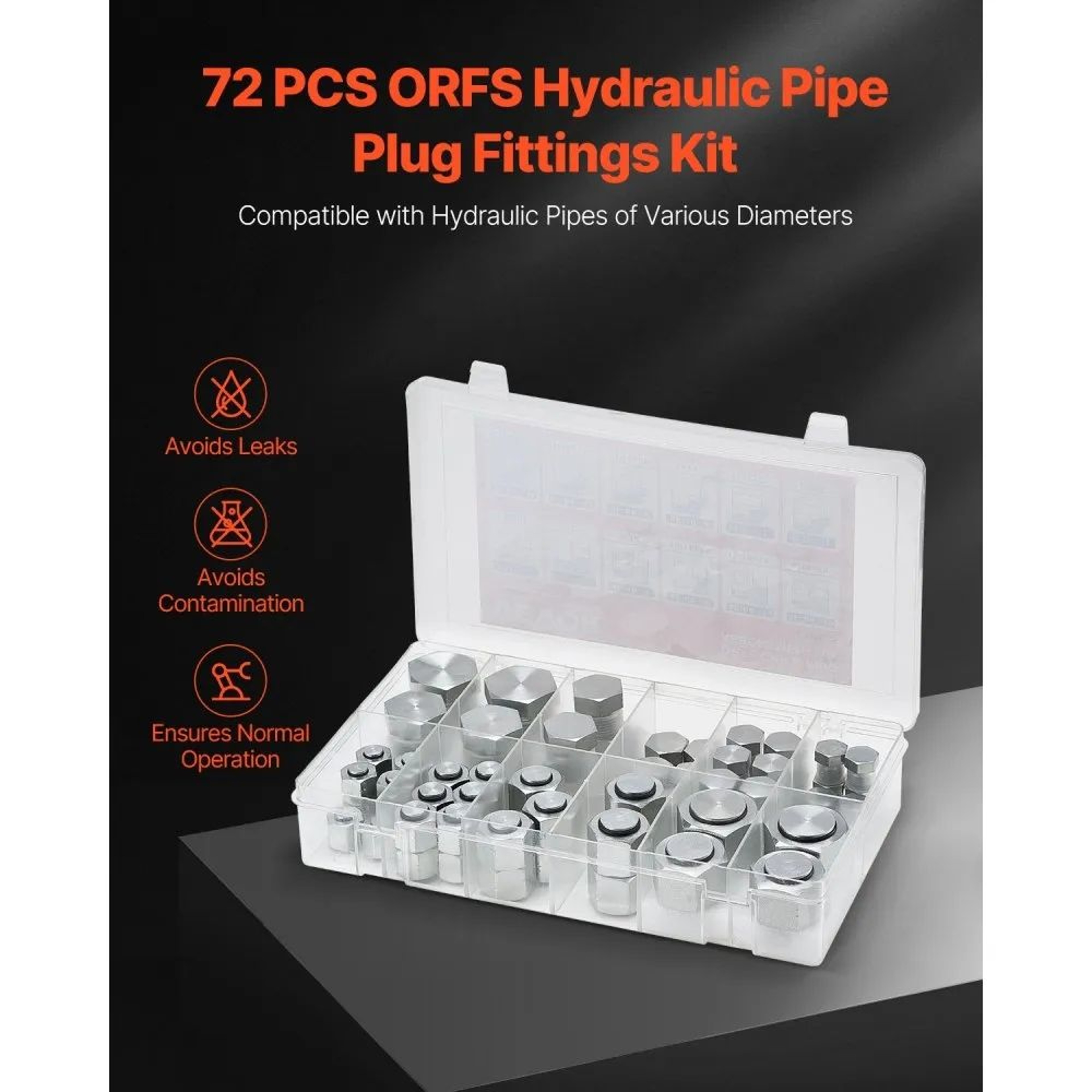 72Piece ORFS Hydraulic Fittings Cap And Plug Kit With ORing Face Seals 2
